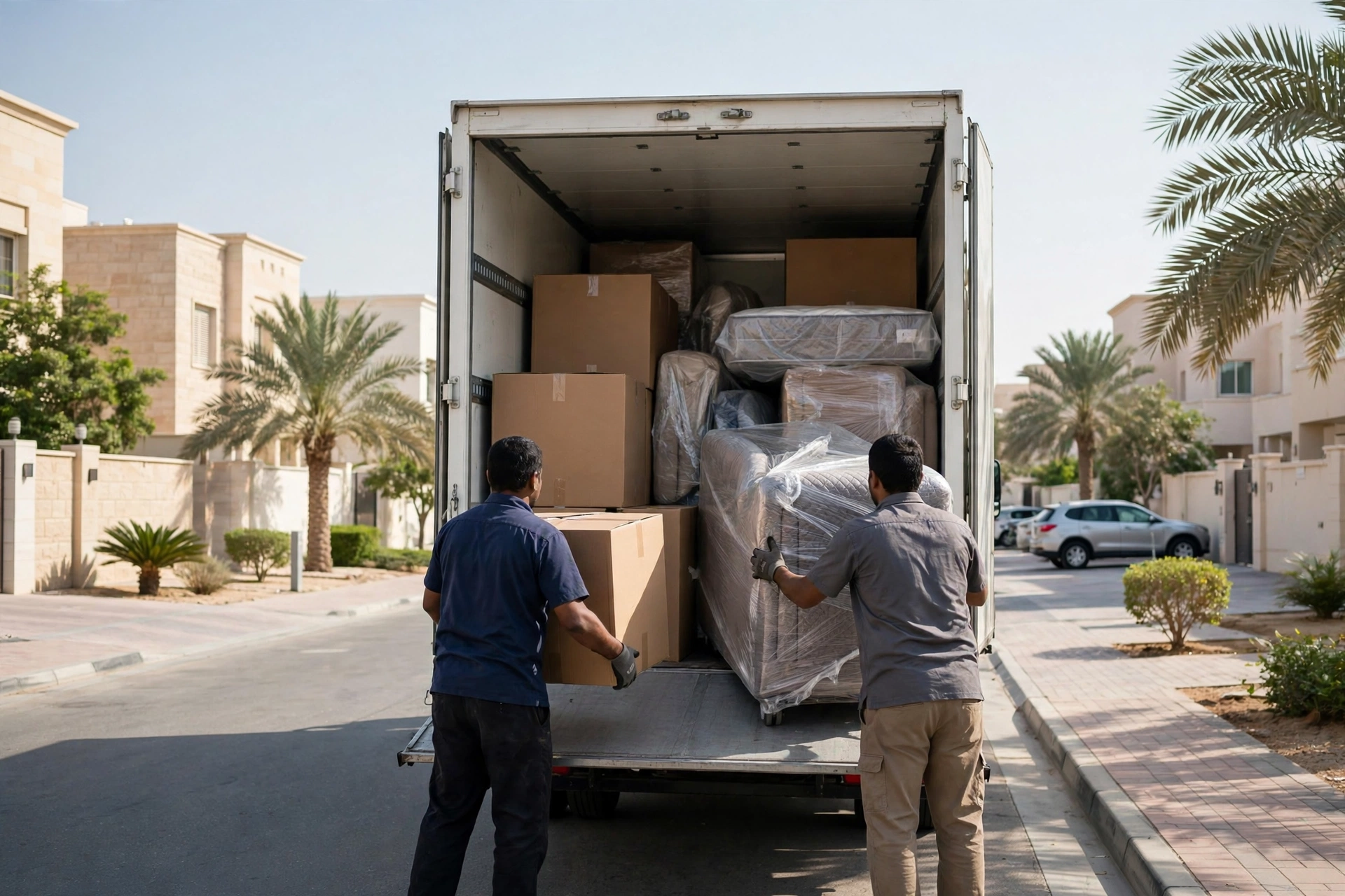 Packed and labelled boxes in a living room in Al Zahra, Ajman