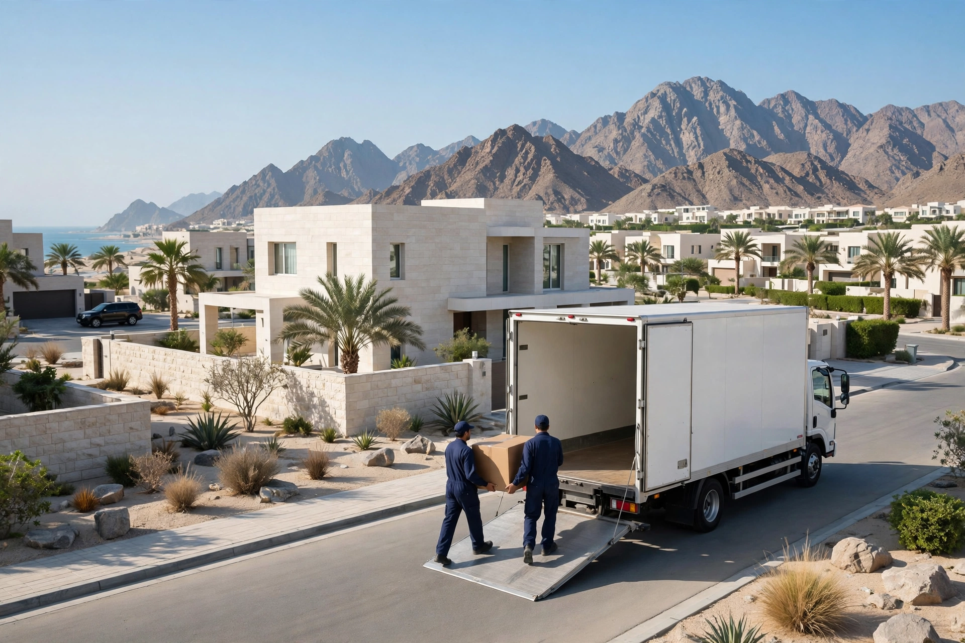 Movers loading a plain white truck outside a home in Al Zubara, Khor Fakkan