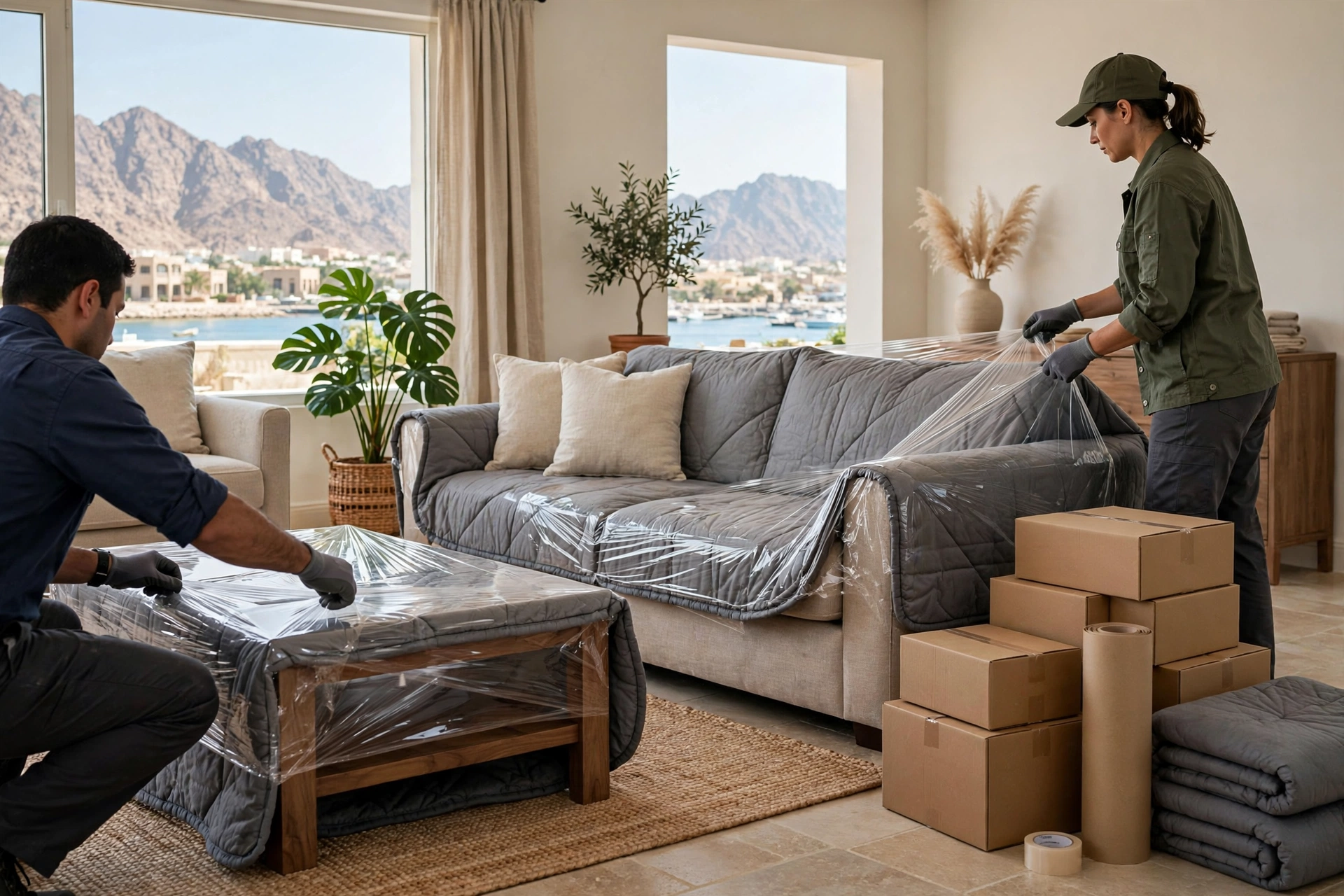Movers carrying a wrapped sofa through a doorway in Al Zubara, Khor Fakkan