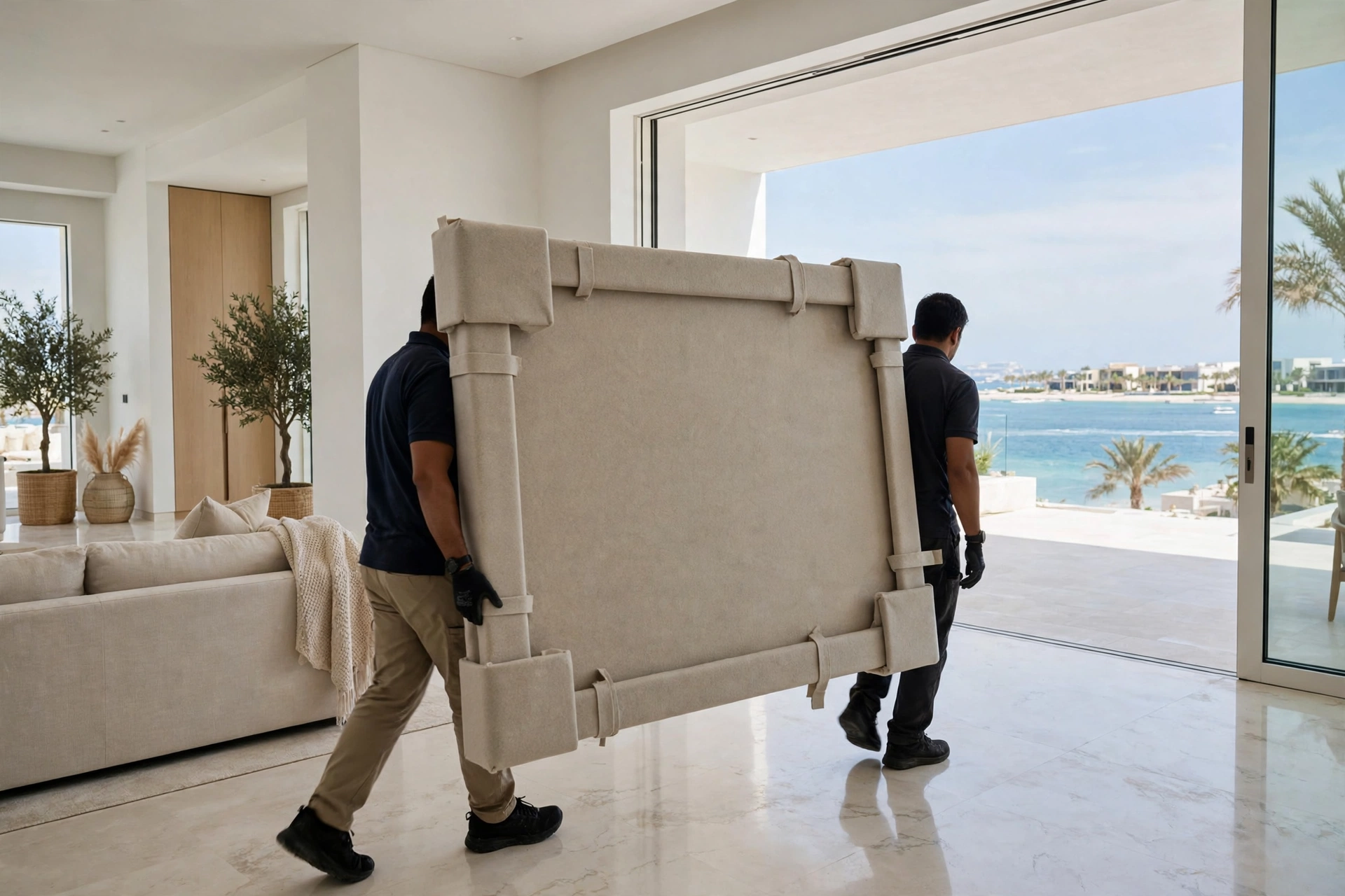 Movers carrying wrapped artwork into a Saadiyat Island villa