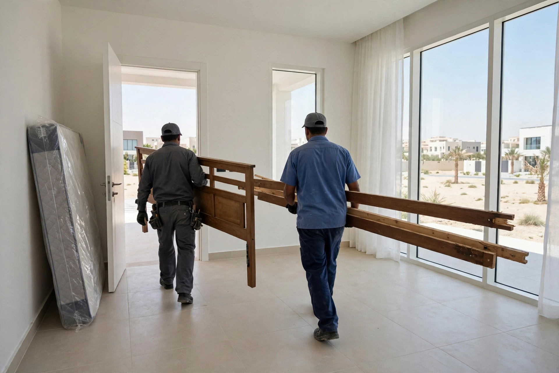 Movers carrying a bed frame through a villa gate in Al Shamkha