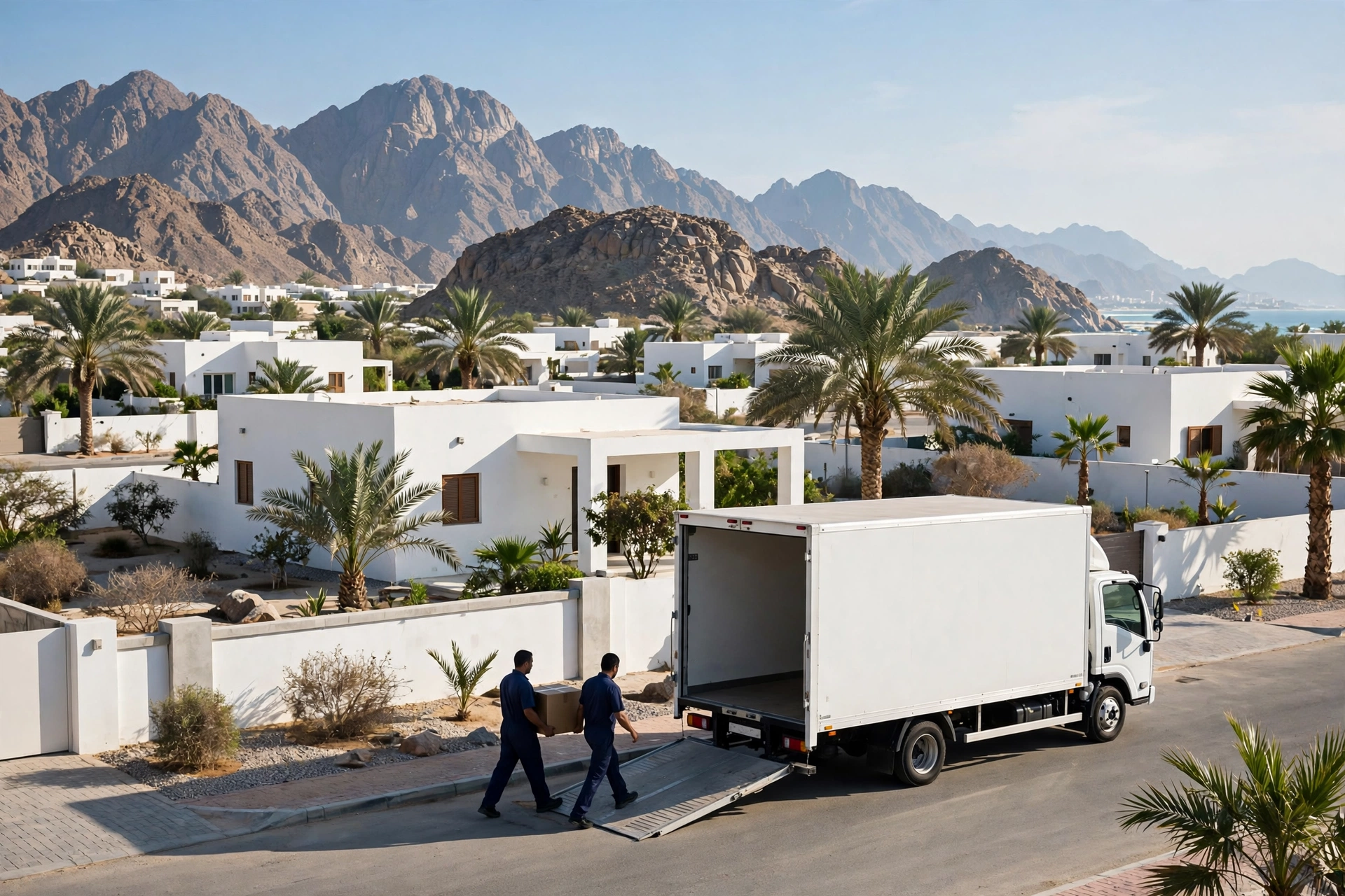 Movers loading a plain white truck outside a family villa in Bidiya, Dibba