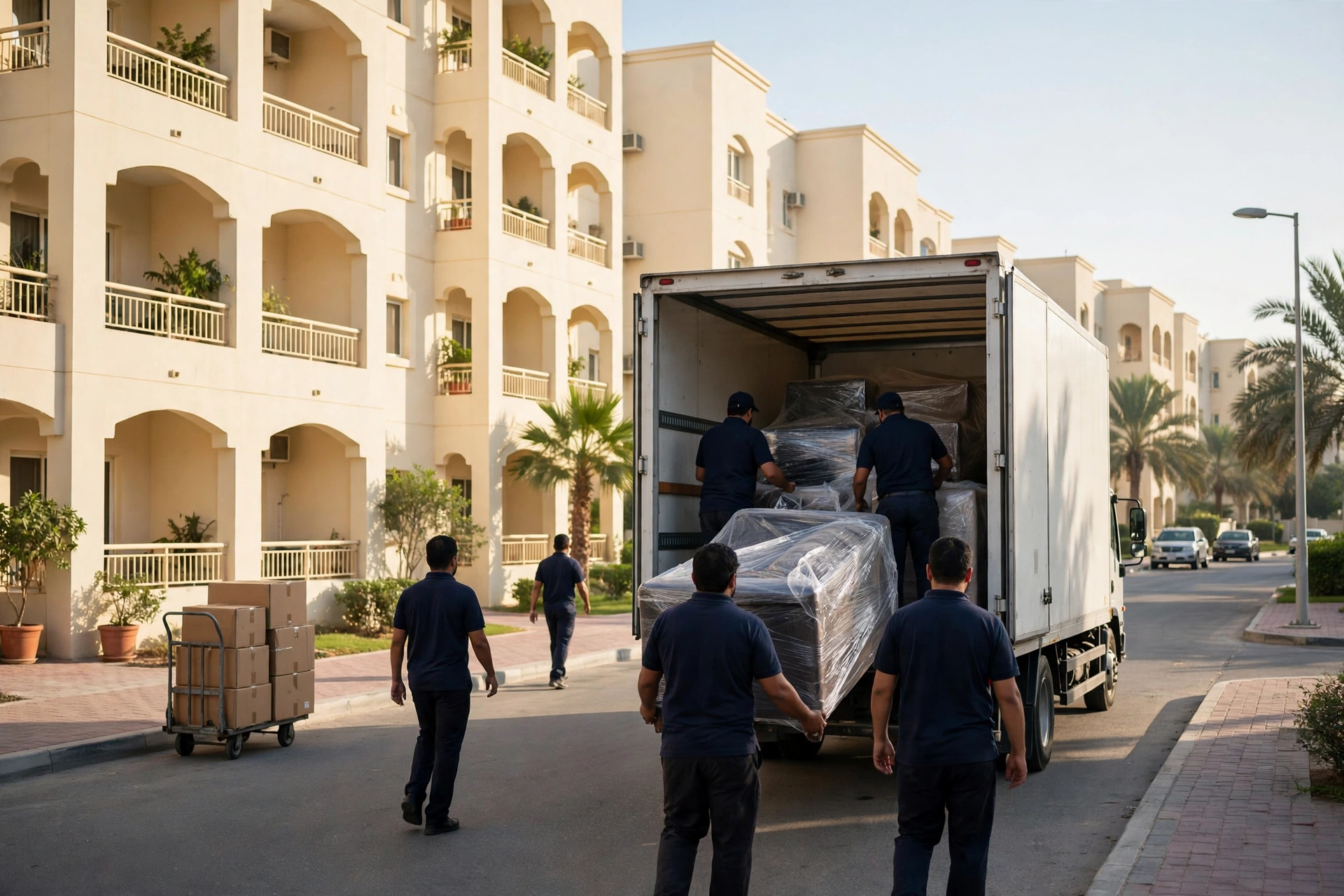 Movers loading a plain white truck outside an apartment block in Bu Shaghara, Sharjah