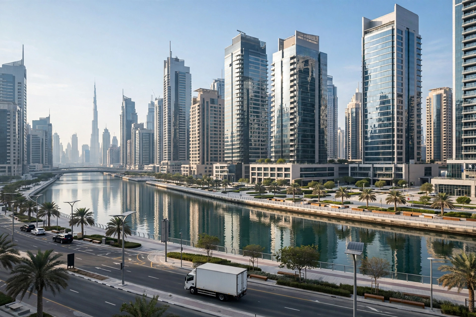 Movers loading furniture into a truck outside a Business Bay tower