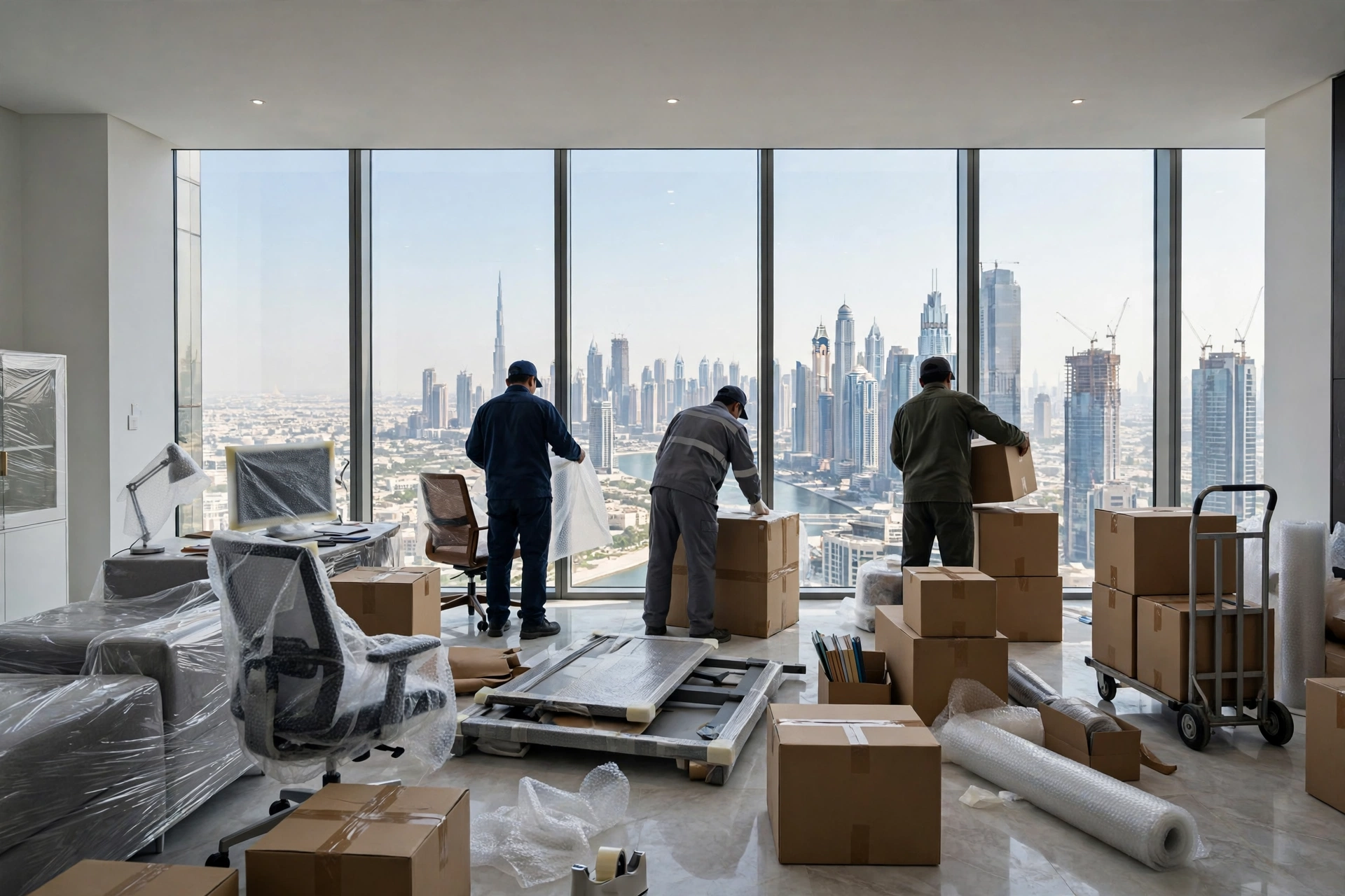 Movers packing an office in Business Bay, Dubai