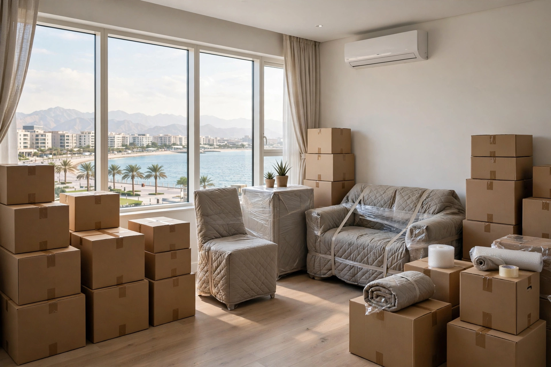 Packed and labelled boxes ready in a bright living room in Corniche Al Fujairah, Fujairah