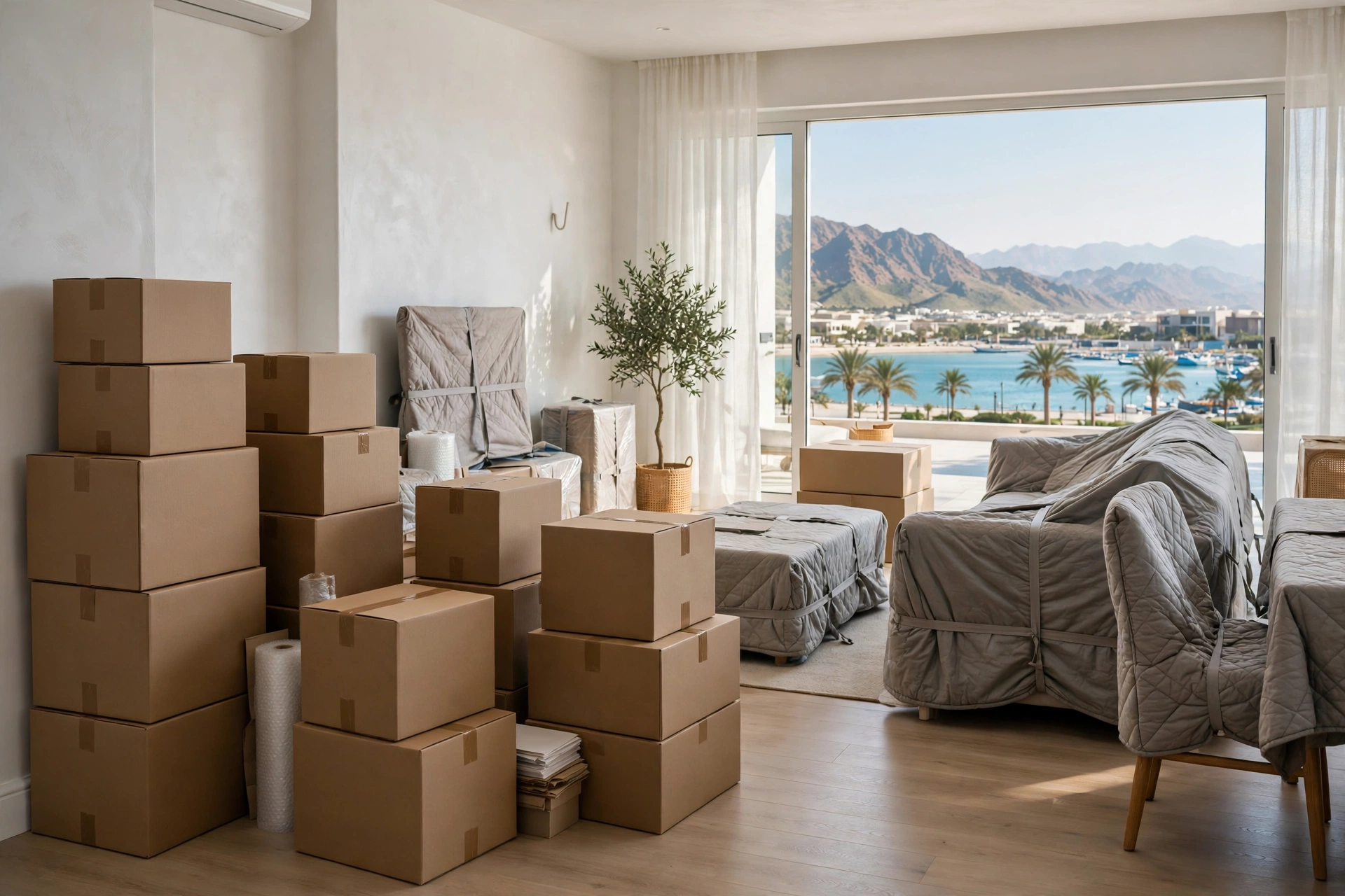 Packed and labelled boxes in a bright living room in Dibba Corniche, Dibba