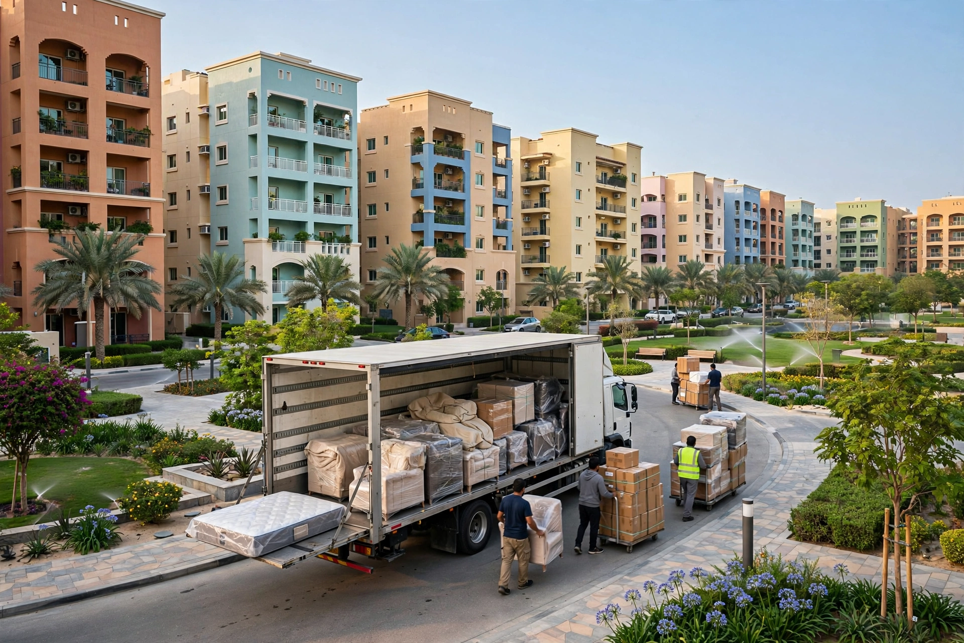 Movers loading a plain white truck outside a mid-rise block in Discovery Gardens, Dubai