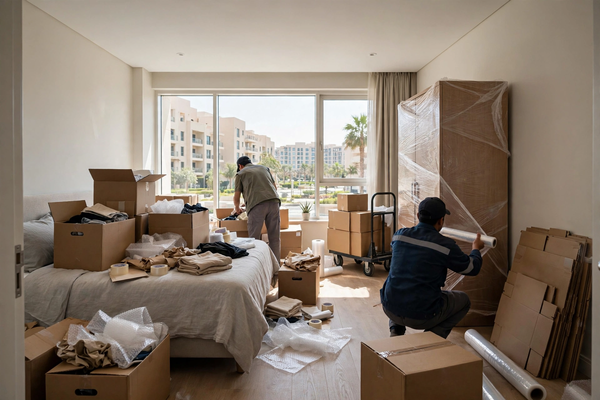 Movers carrying a wrapped sofa through a lift lobby in Discovery Gardens, Dubai