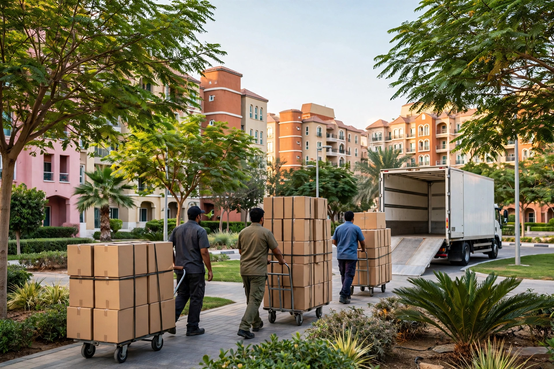 Packed and labelled boxes ready in a bright living room in Discovery Gardens, Dubai