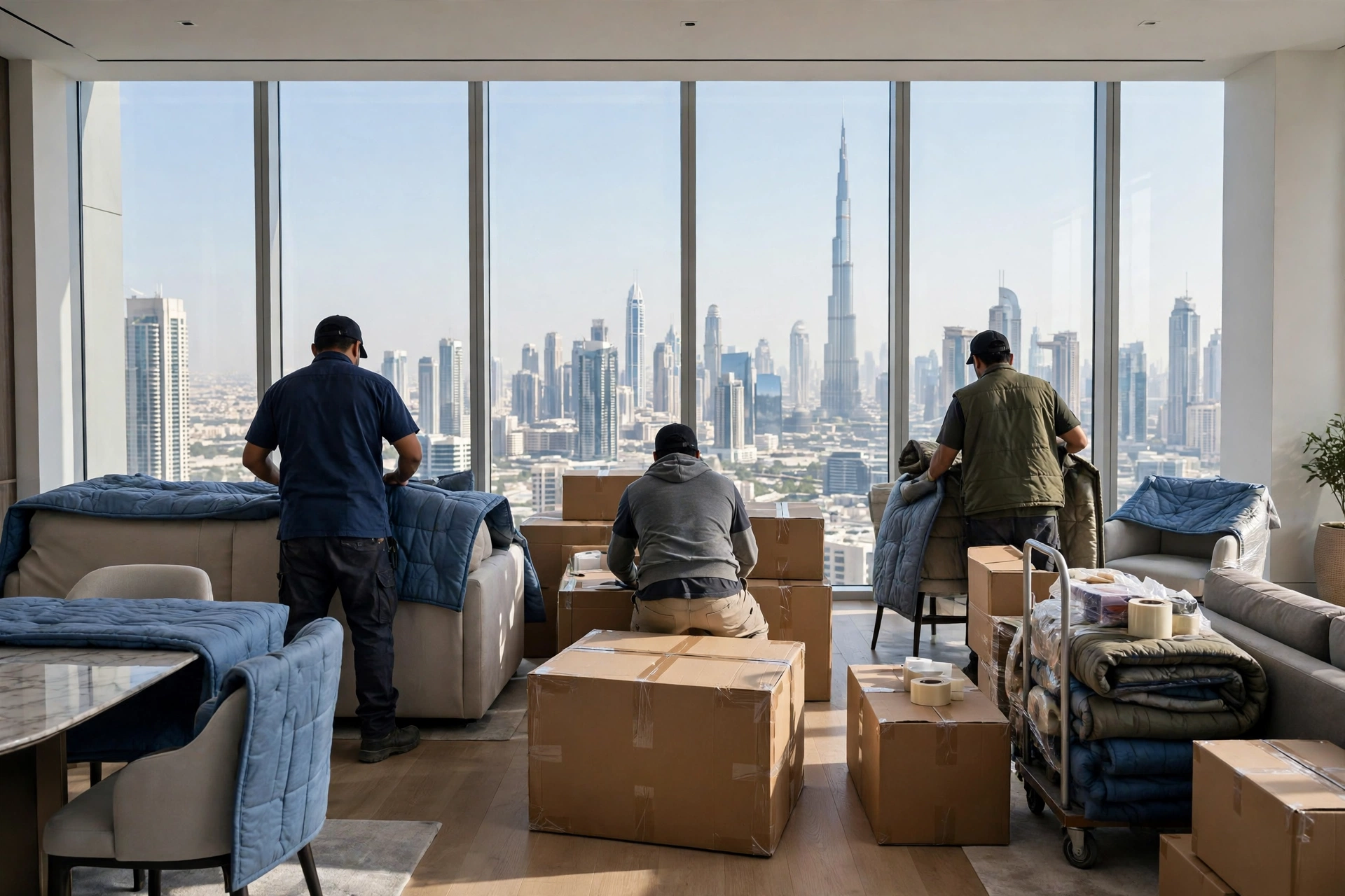 Movers packing a luxury apartment in Downtown Dubai