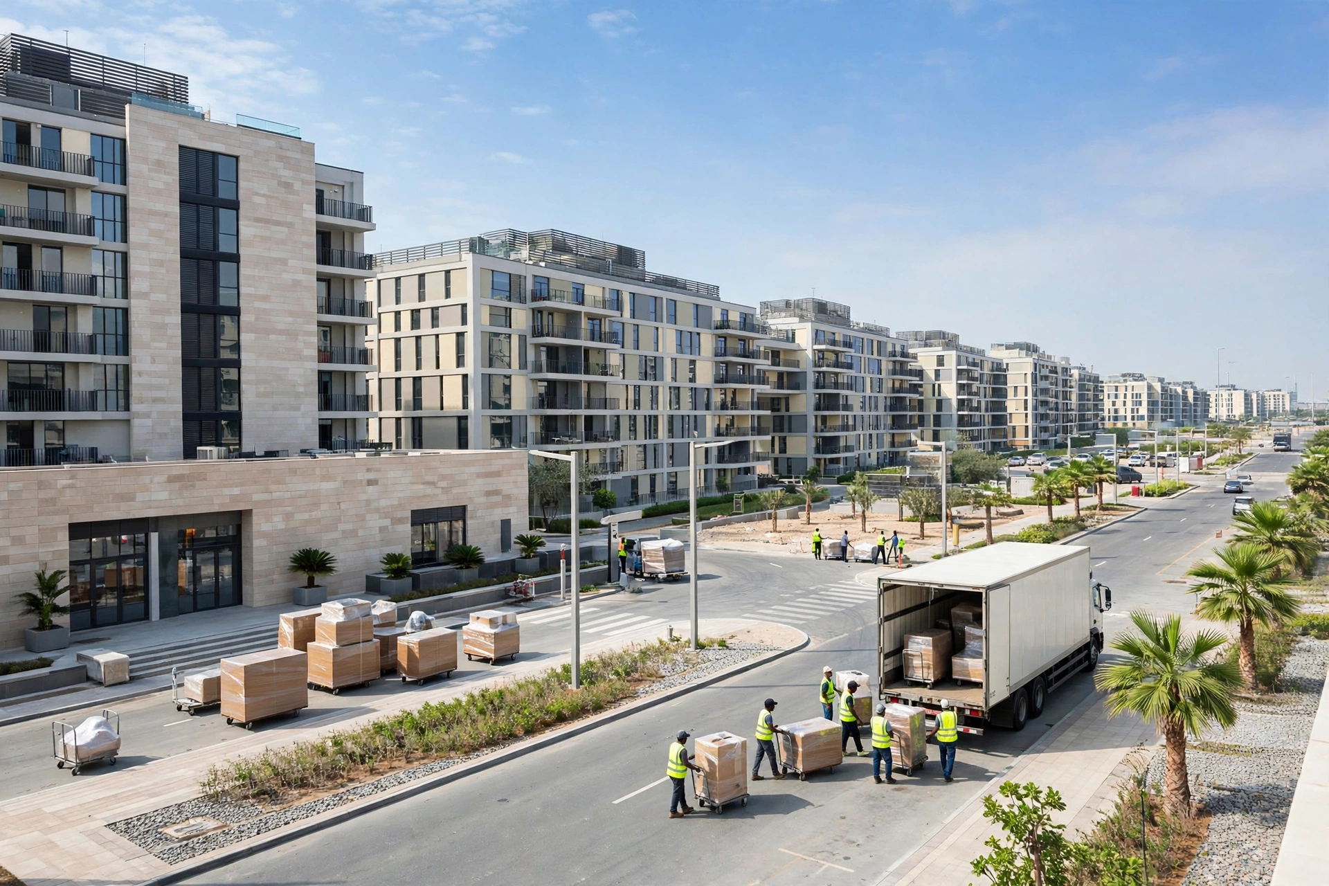 Movers loading a plain white truck outside a new apartment block in Downtown Jebel Ali, Dubai