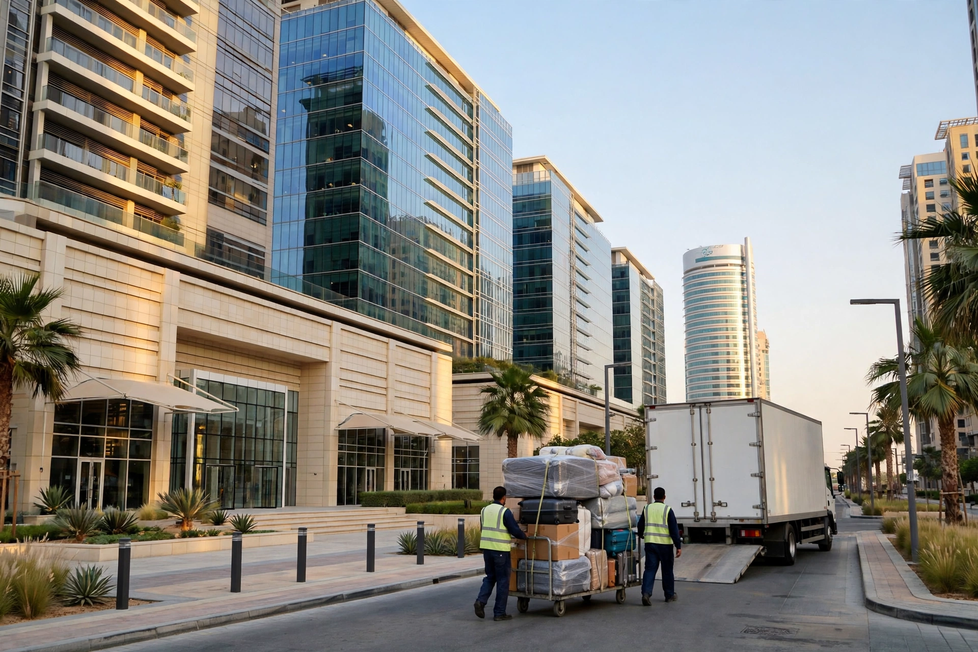 Packed and labelled boxes ready in a bright living room in Downtown Jebel Ali, Dubai