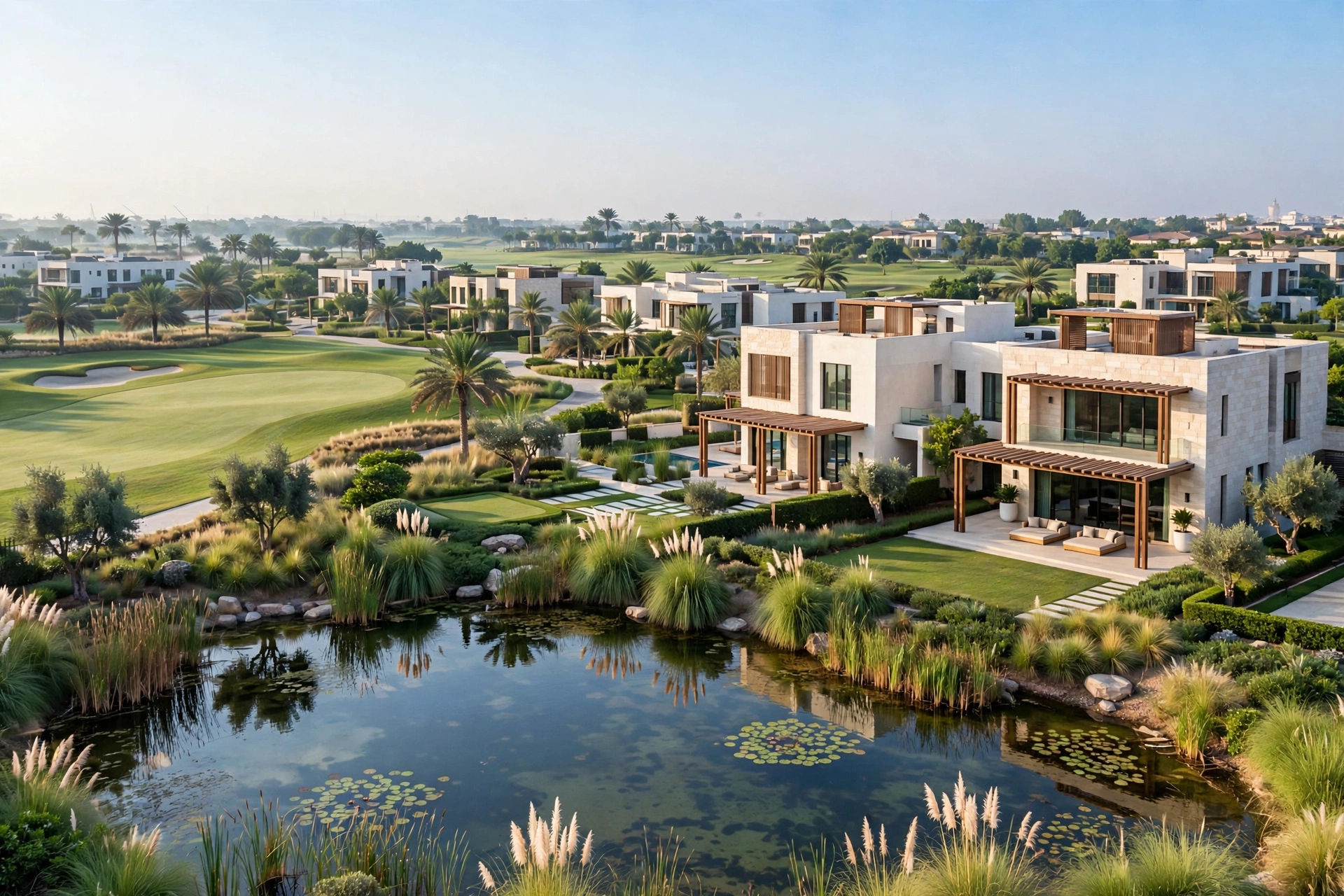 Movers loading furniture into a truck outside a Dubai Hills villa