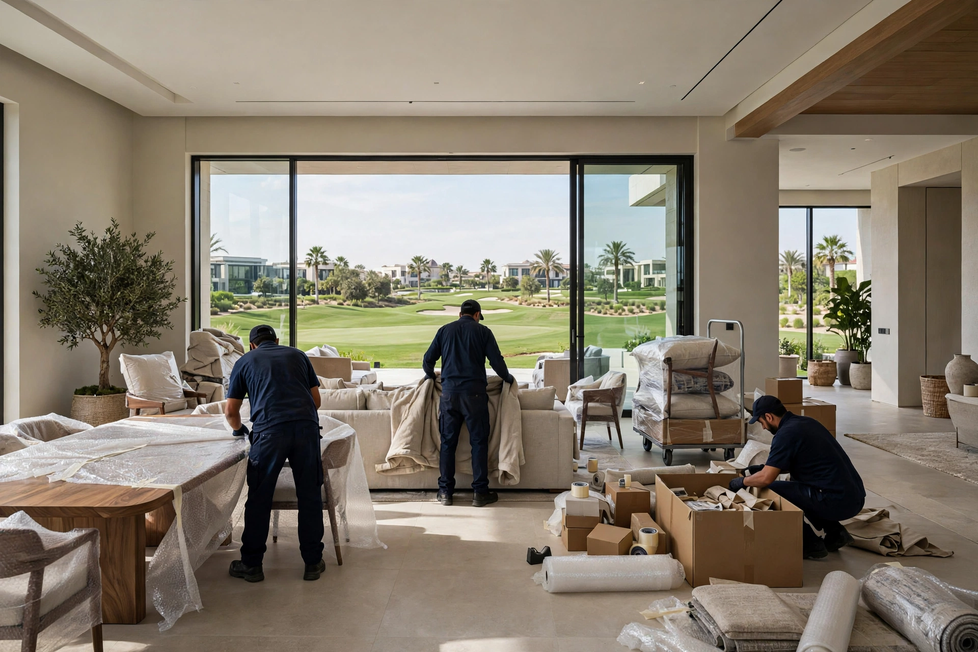 Movers packing a villa in Dubai Hills Estate
