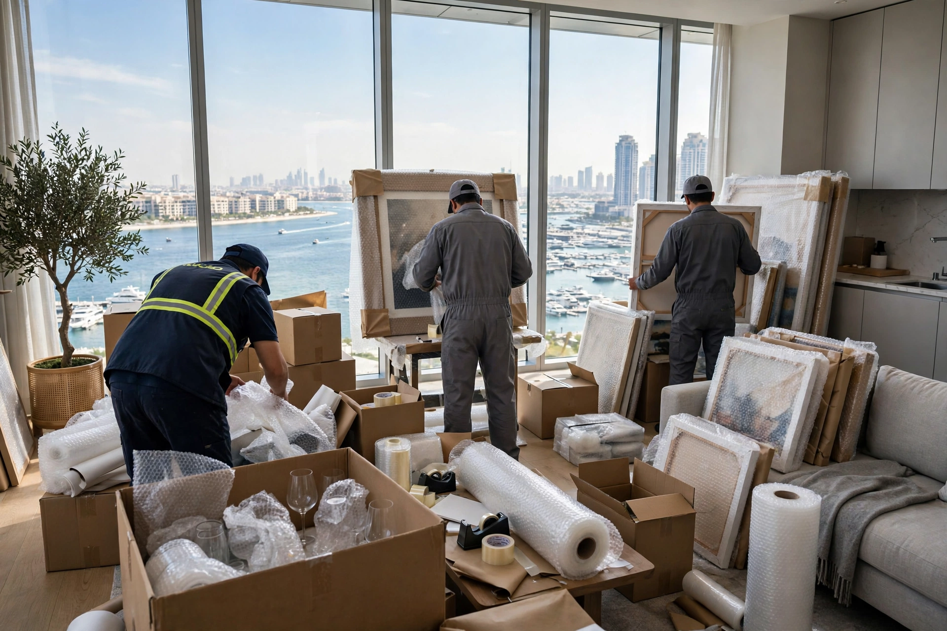 Movers carrying a wrapped sofa into a new home in Dubai Waterfront, Dubai