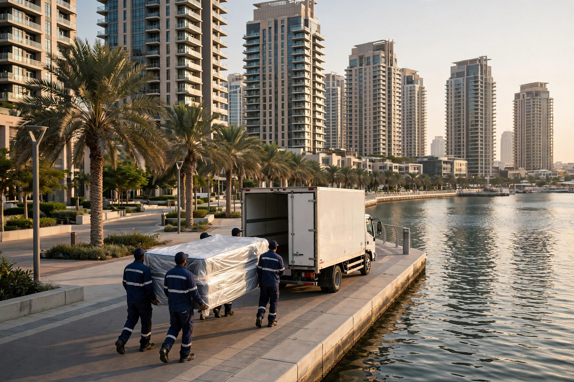 Packed and labelled boxes ready in a bright new living room in Dubai Waterfront, Dubai
