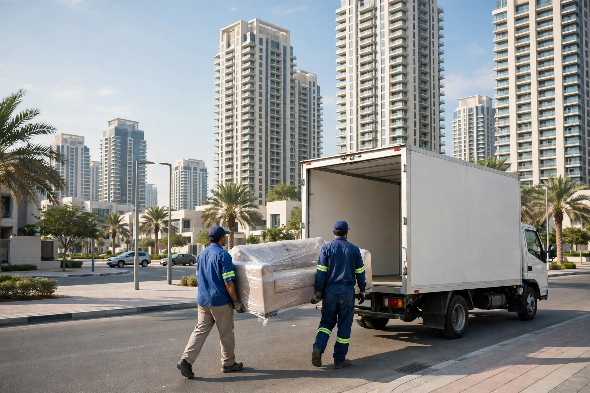Movers loading a plain white truck outside a home in Emirates City, Ajman