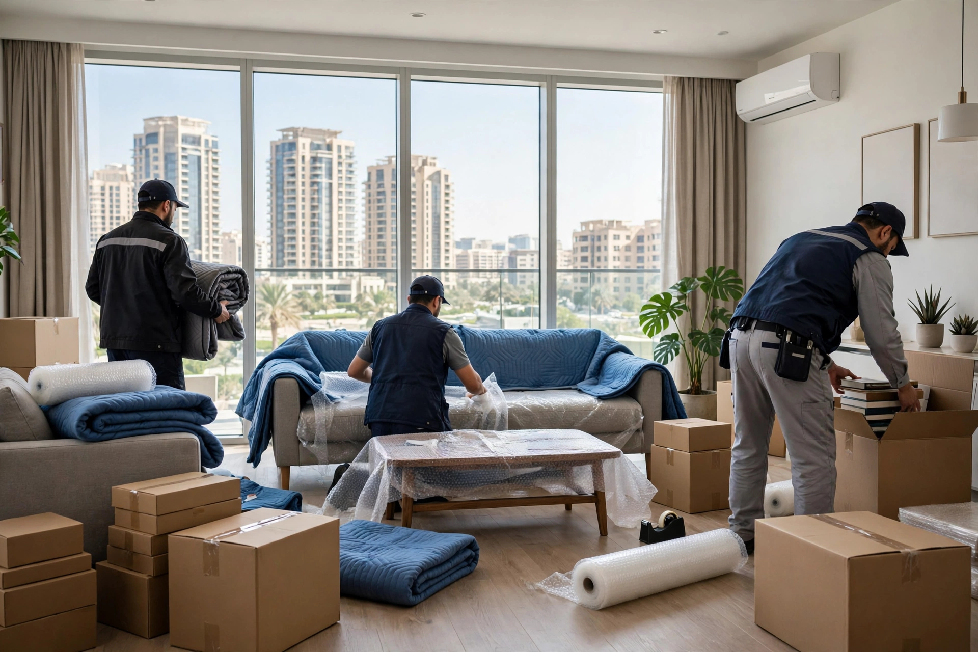 Movers carrying a wrapped sofa in Emirates City, Ajman