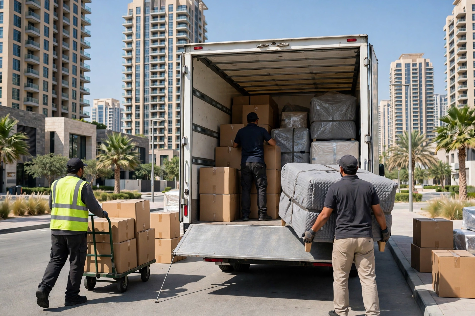 Packed and labelled boxes in a living room in Emirates City, Ajman