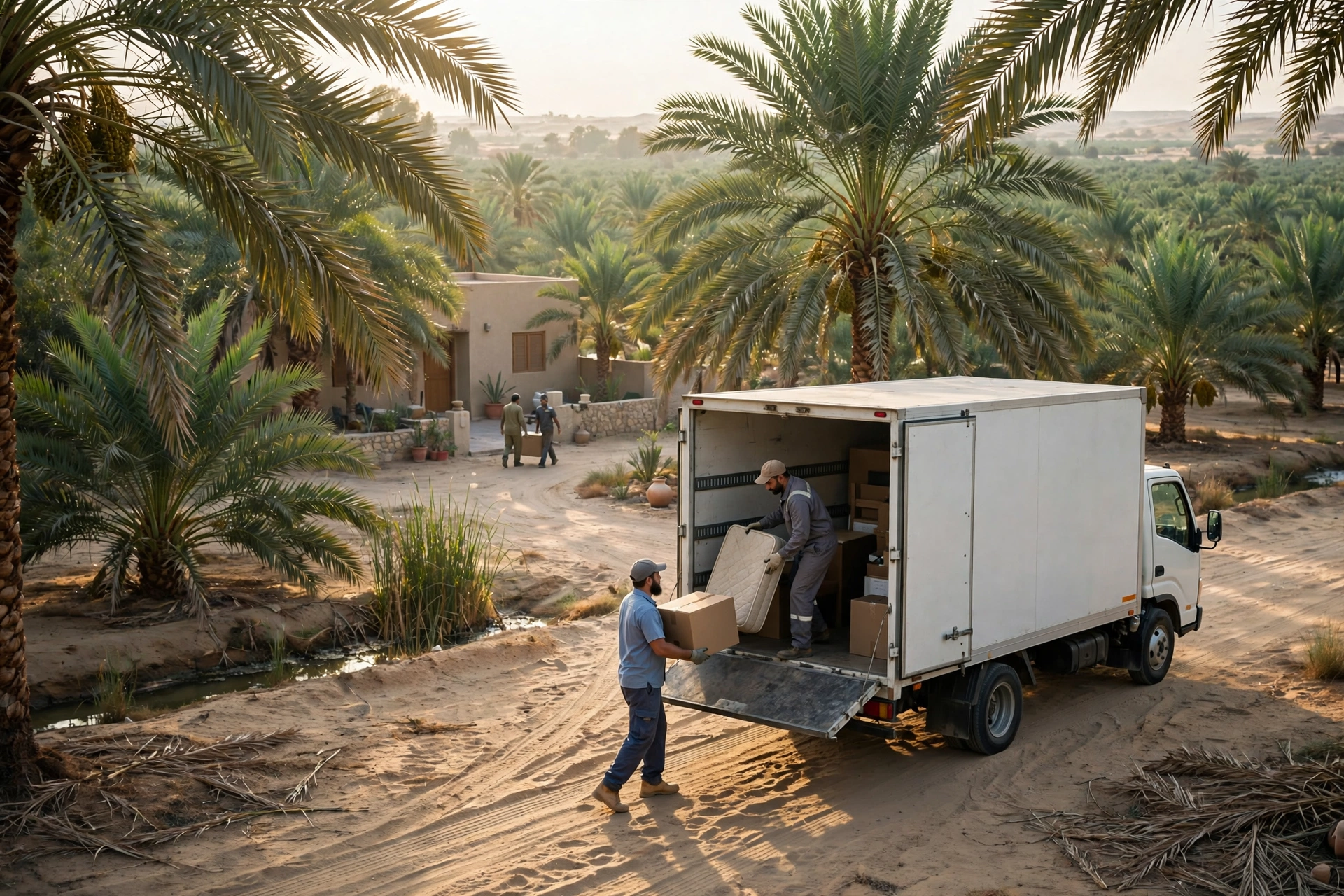 Movers loading a plain white truck outside a home in Falaj Al Mualla, Umm Al Quwain