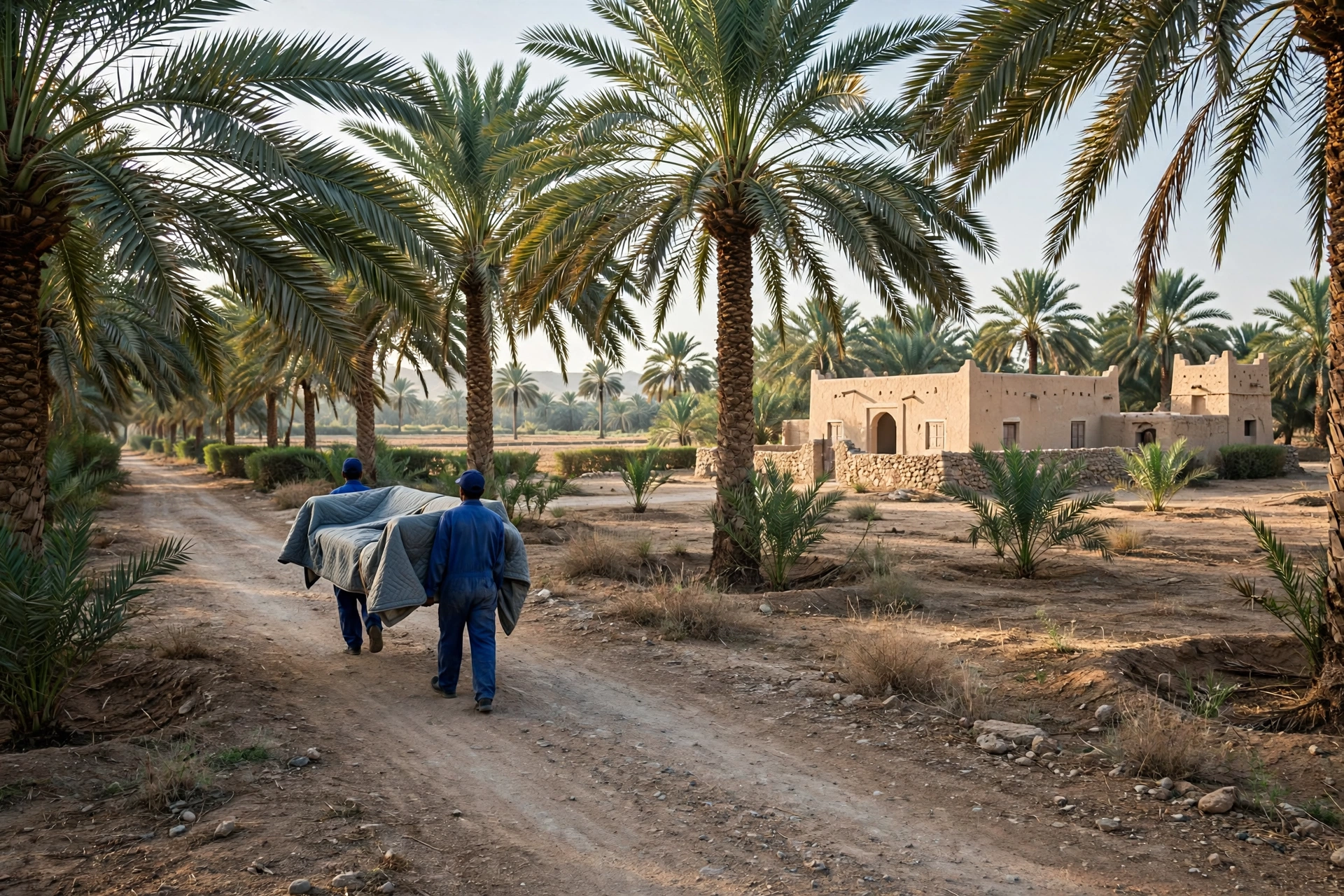 Movers carrying a wrapped sofa in Falaj Al Mualla, Umm Al Quwain