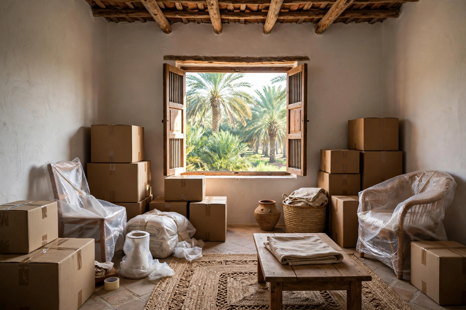 Packed and labelled boxes in a living room in Falaj Al Mualla, Umm Al Quwain