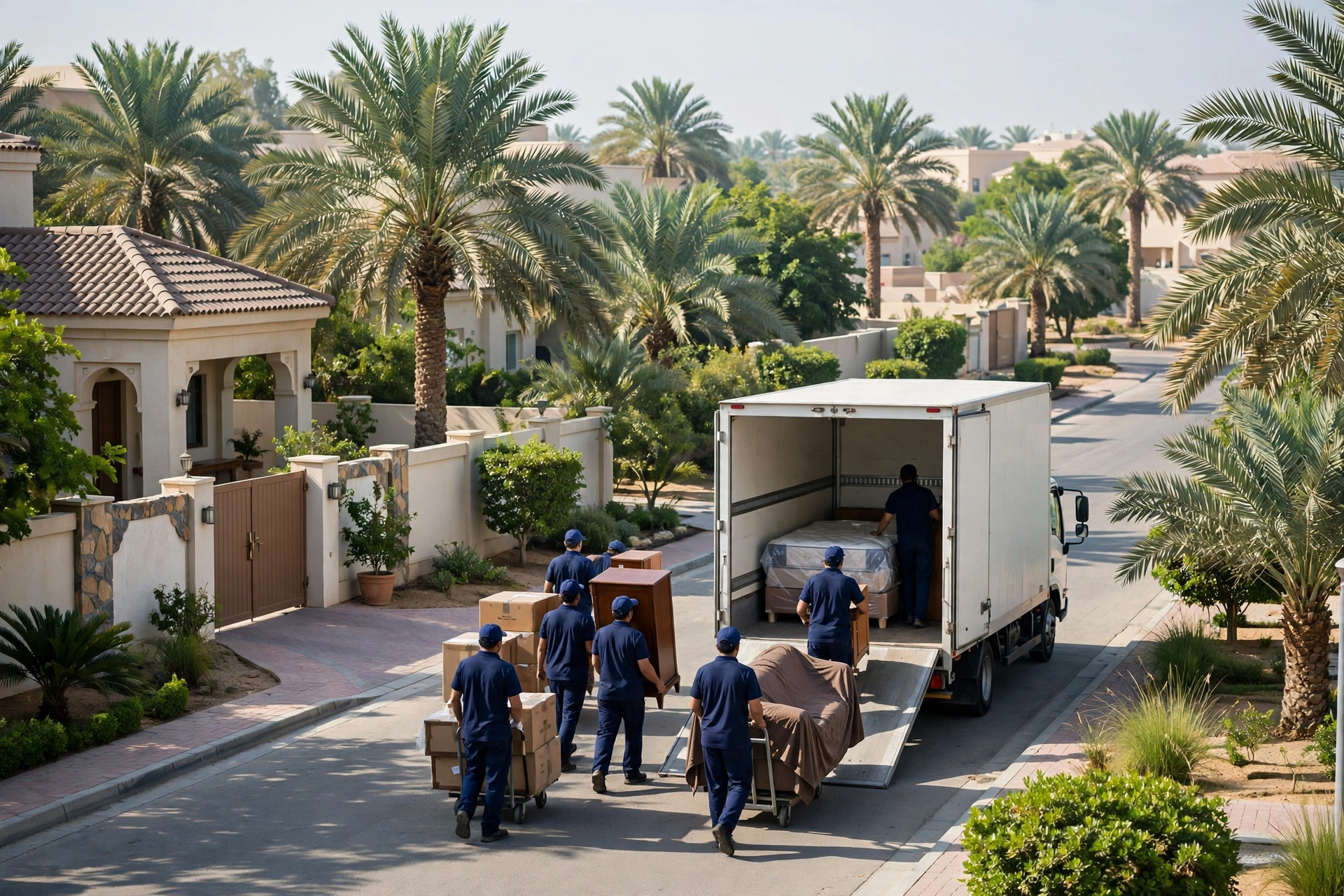 Movers loading a plain white truck outside a family villa in Falaj Hazza, Al Ain