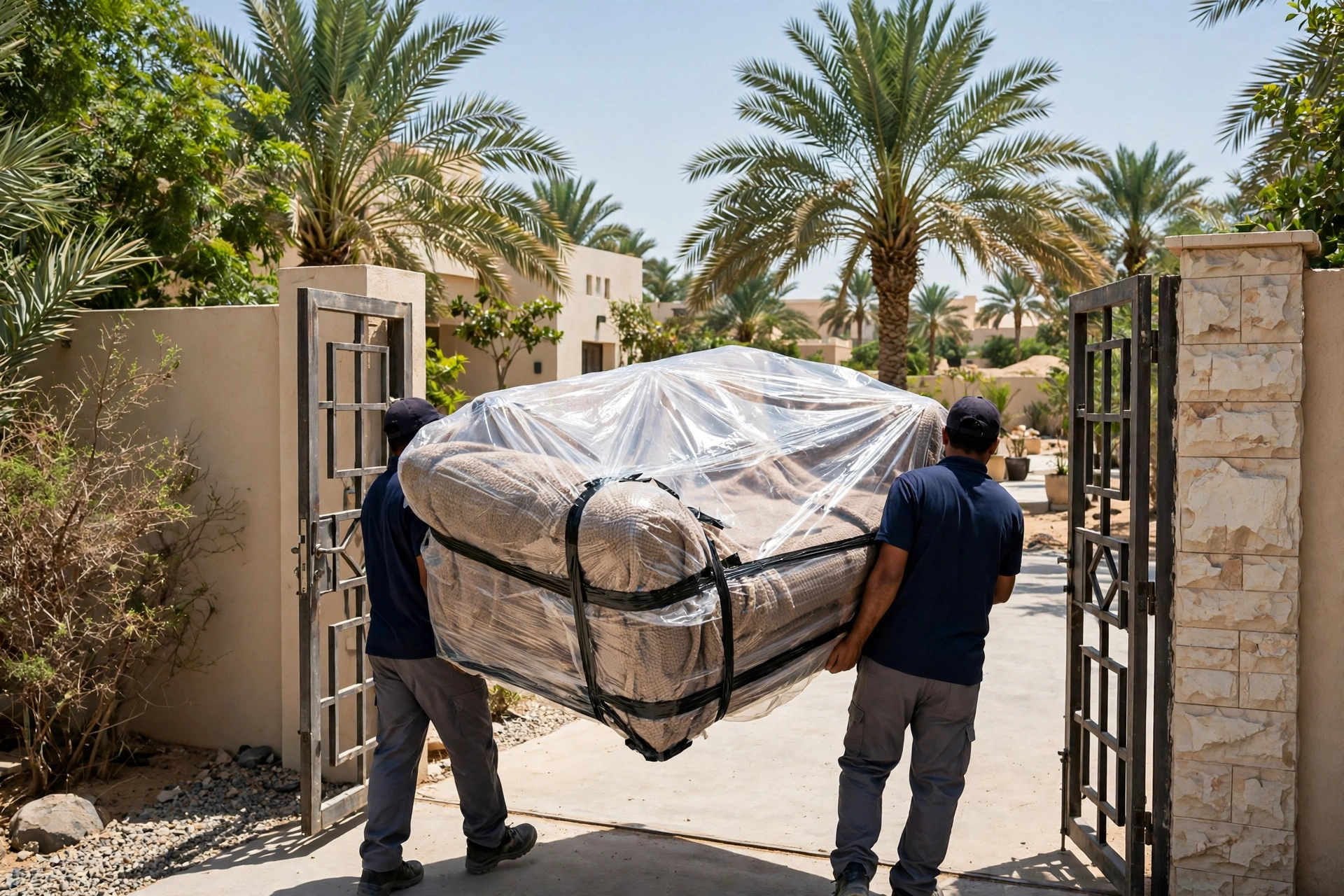 Movers carrying a wrapped sofa through a villa gate in Falaj Hazza, Al Ain