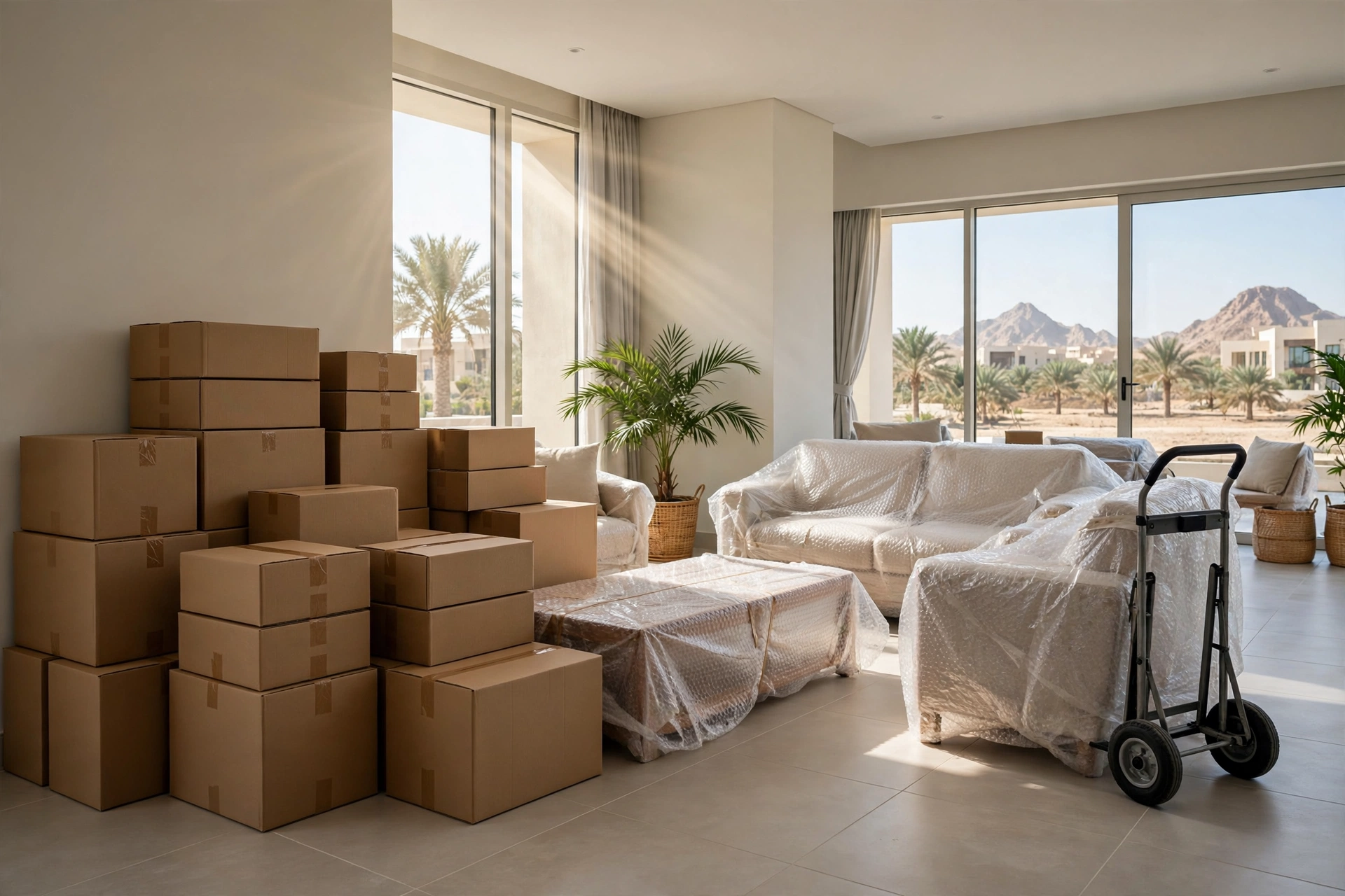 Packed and labelled boxes in a bright living room in Falaj Hazza, Al Ain