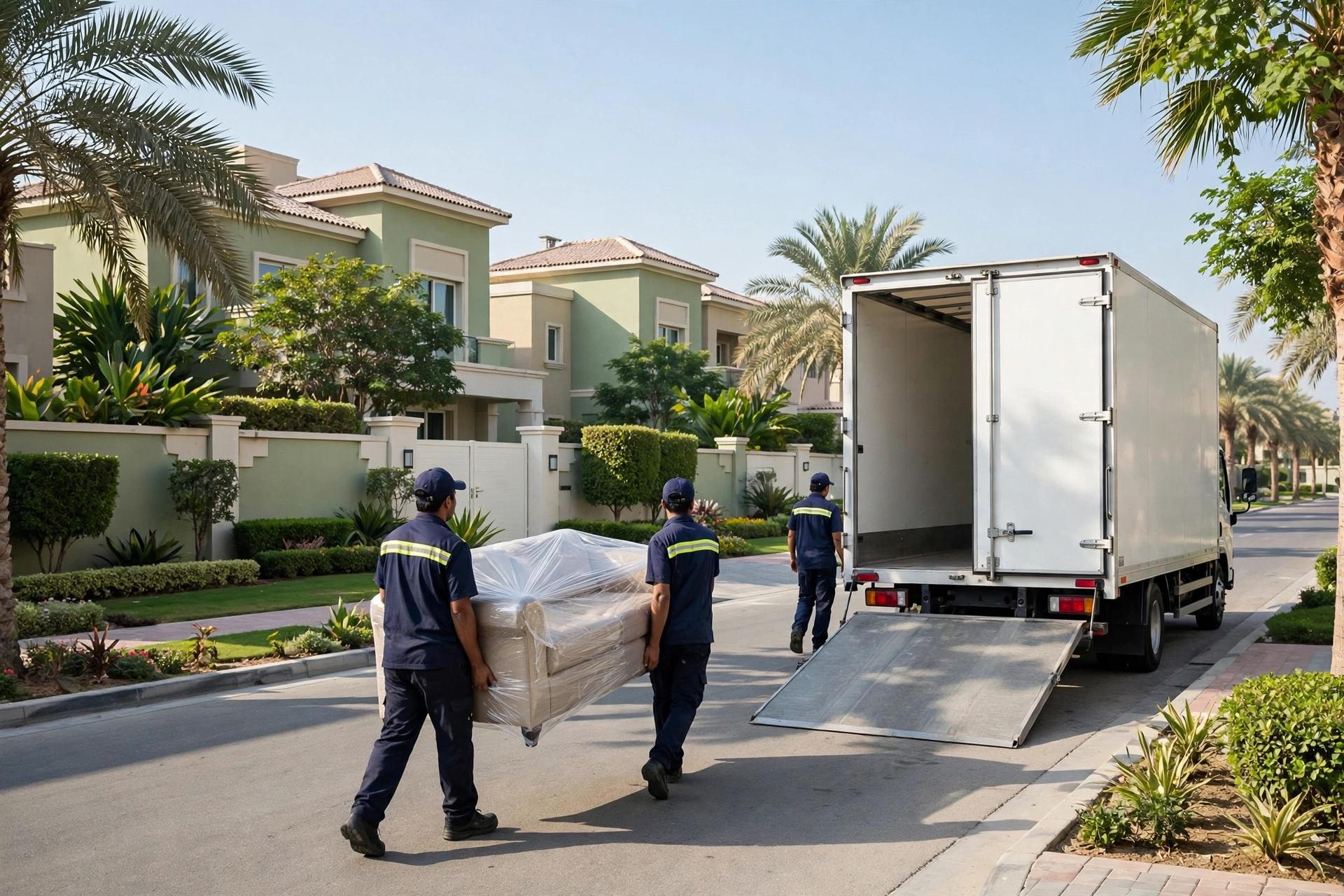 Movers loading a plain white truck outside a home in Garden City, Ajman