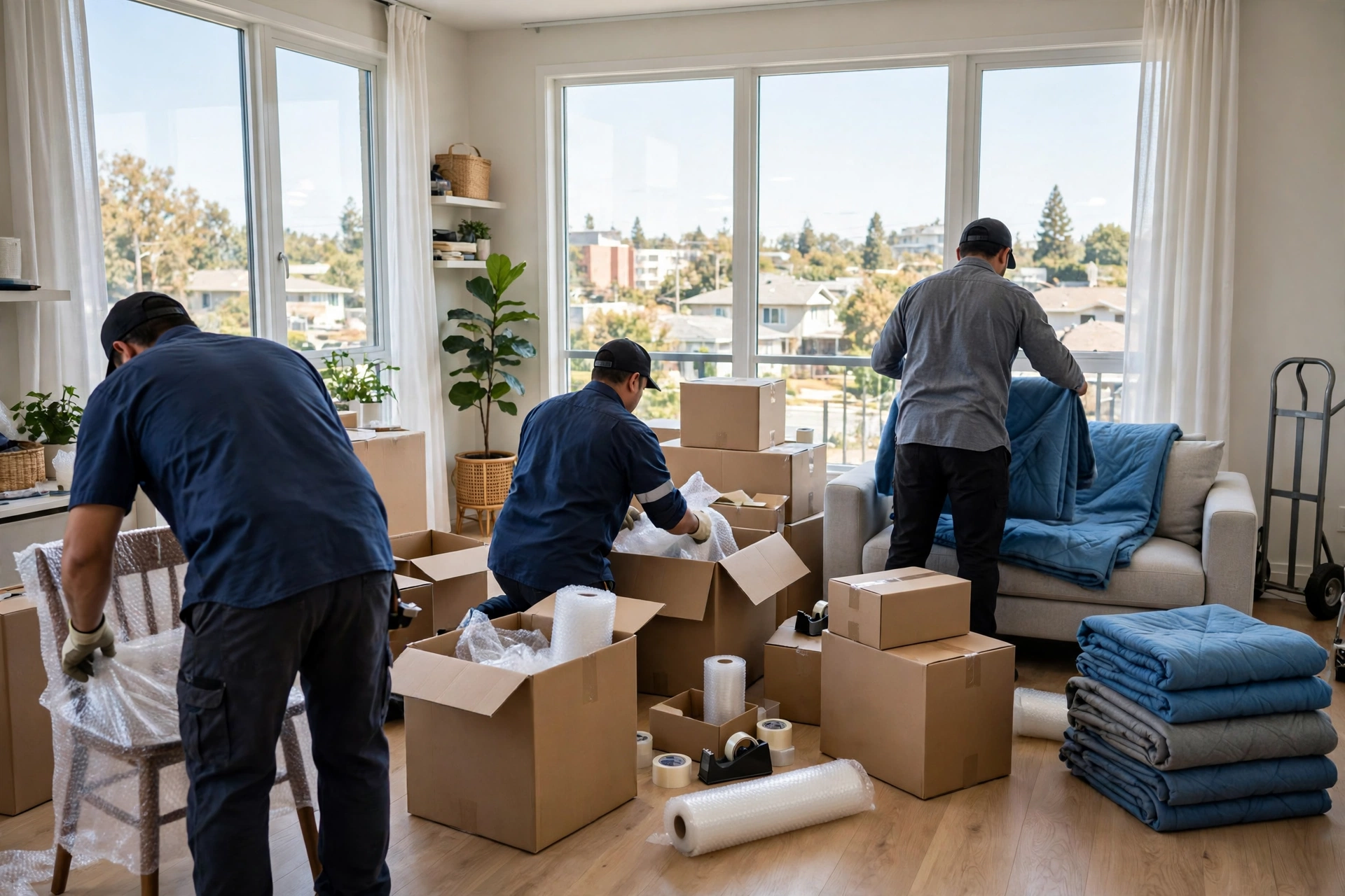 Movers carrying a wrapped sofa in Garden City, Ajman