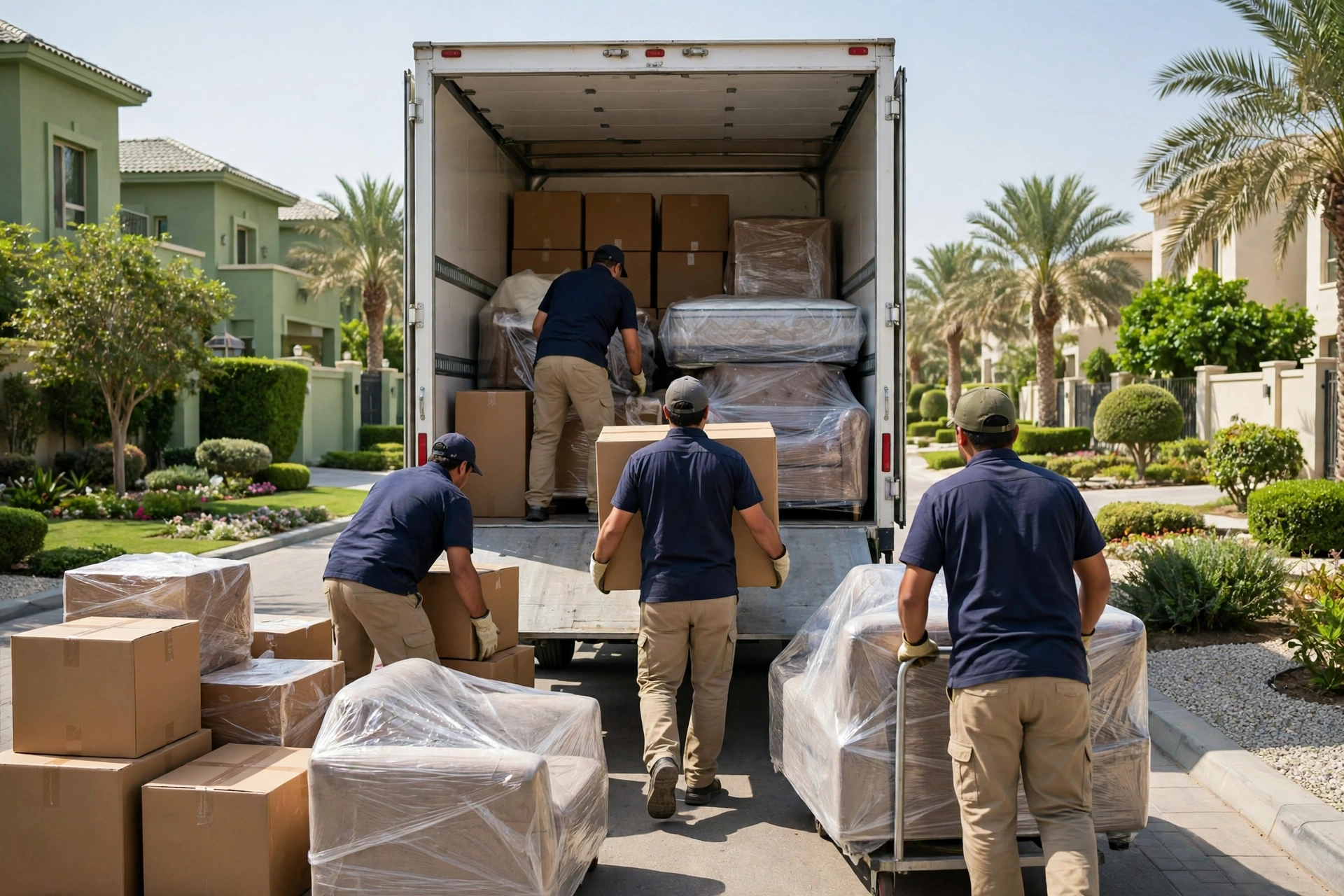 Packed and labelled boxes in a living room in Garden City, Ajman