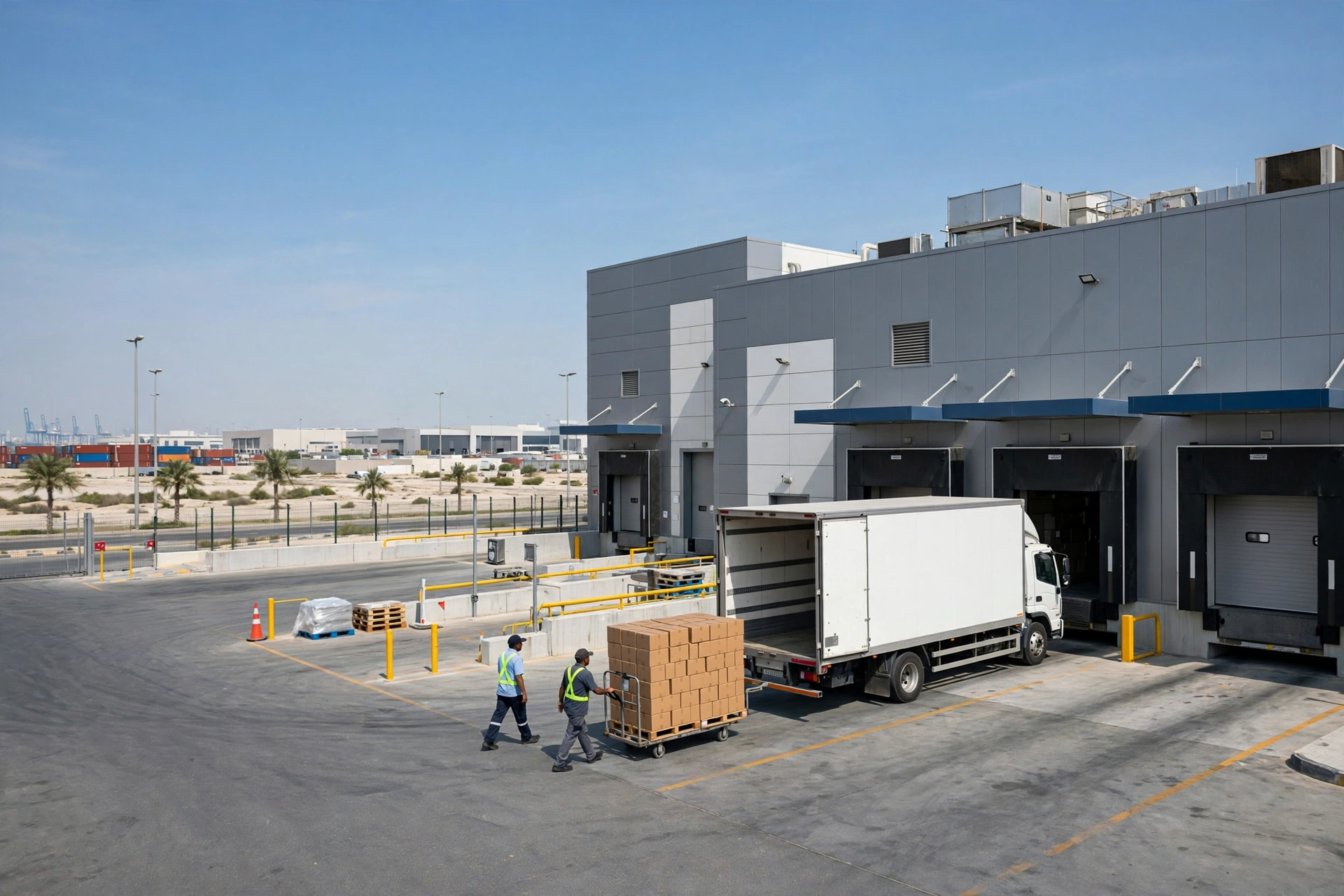 Movers loading a plain white truck outside staff housing in JAFZA North, Dubai