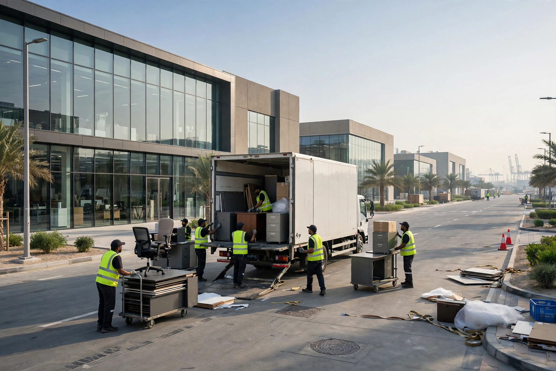 Packed and labelled boxes ready in a bright room in JAFZA North, Dubai