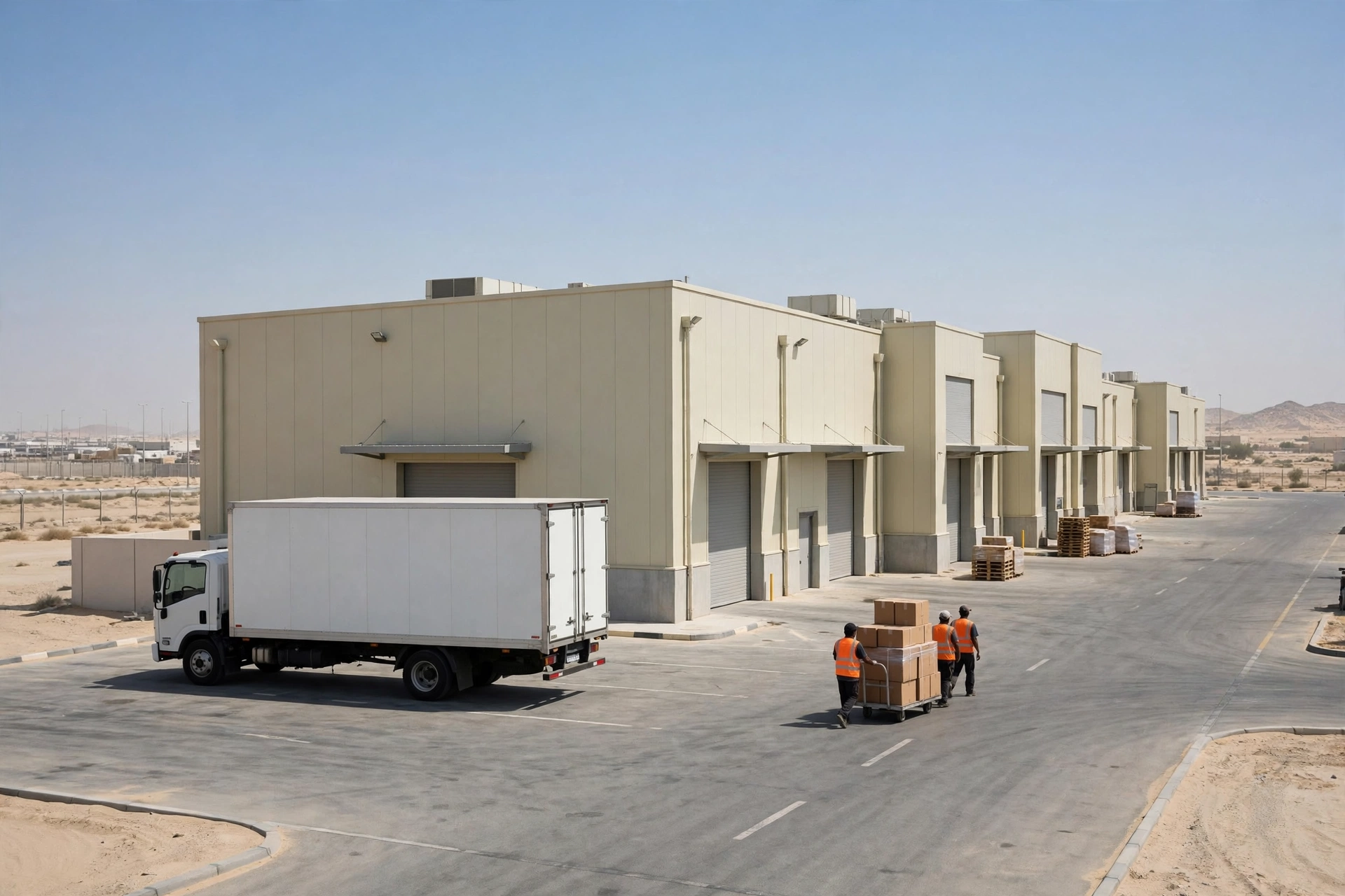 Movers loading a plain white truck outside offices in JAFZA South, Dubai