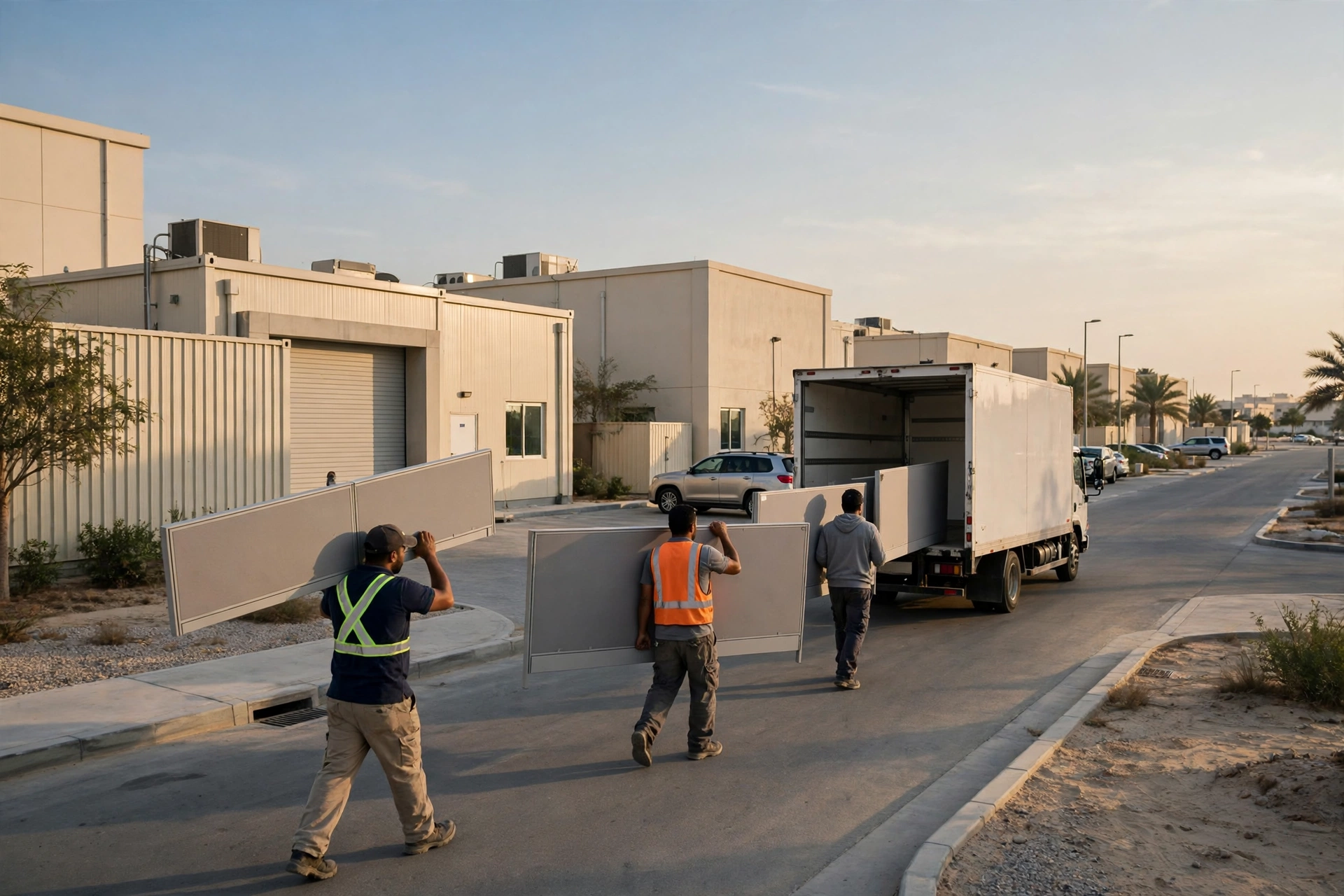 Packed and labelled boxes ready in a bright office in JAFZA South, Dubai