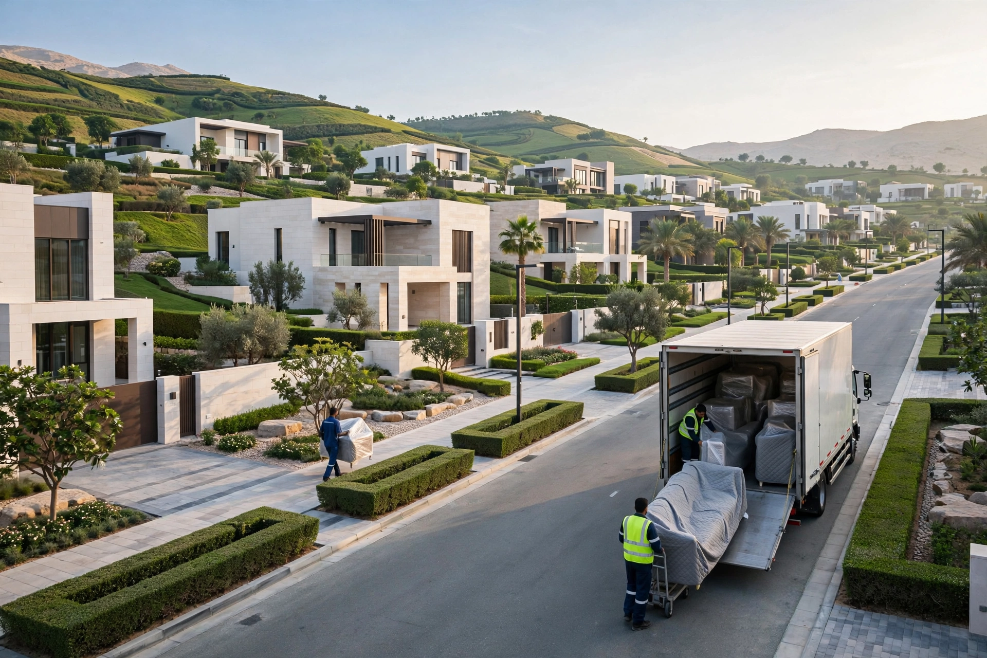 Movers loading a plain white truck outside a new villa in Jebel Ali Hills, Dubai