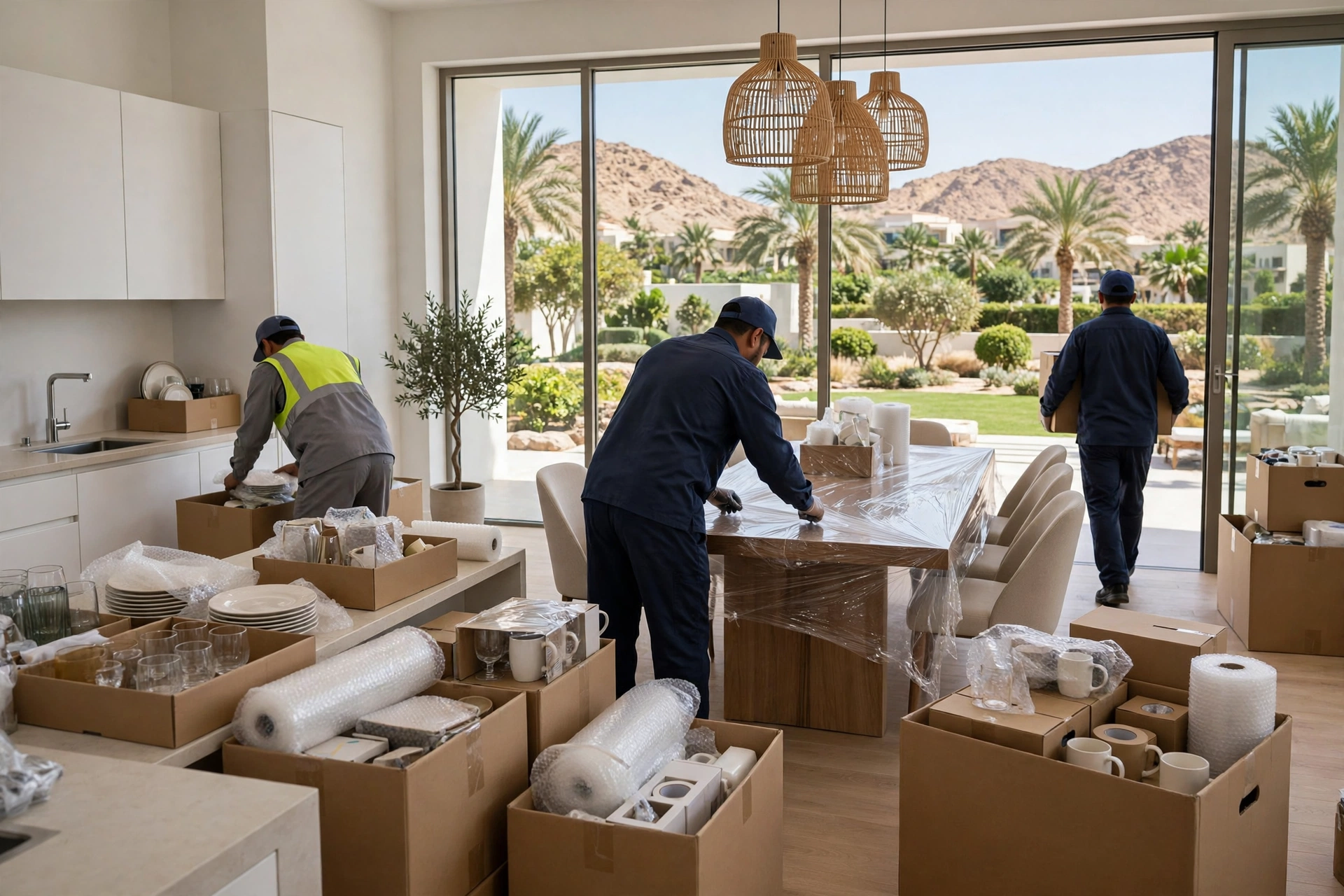 Movers carrying a wrapped sofa up villa stairs in Jebel Ali Hills, Dubai