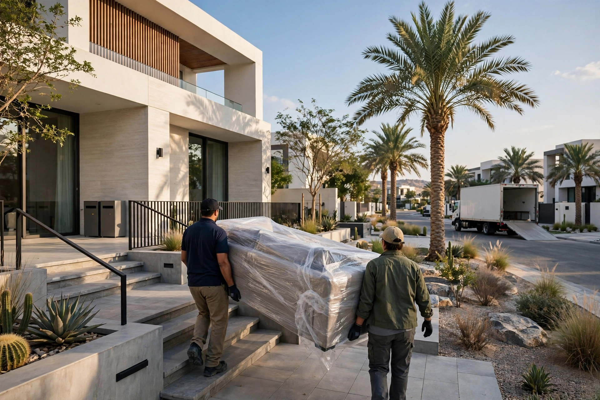 Packed and labelled boxes ready in a bright living room in Jebel Ali Hills, Dubai