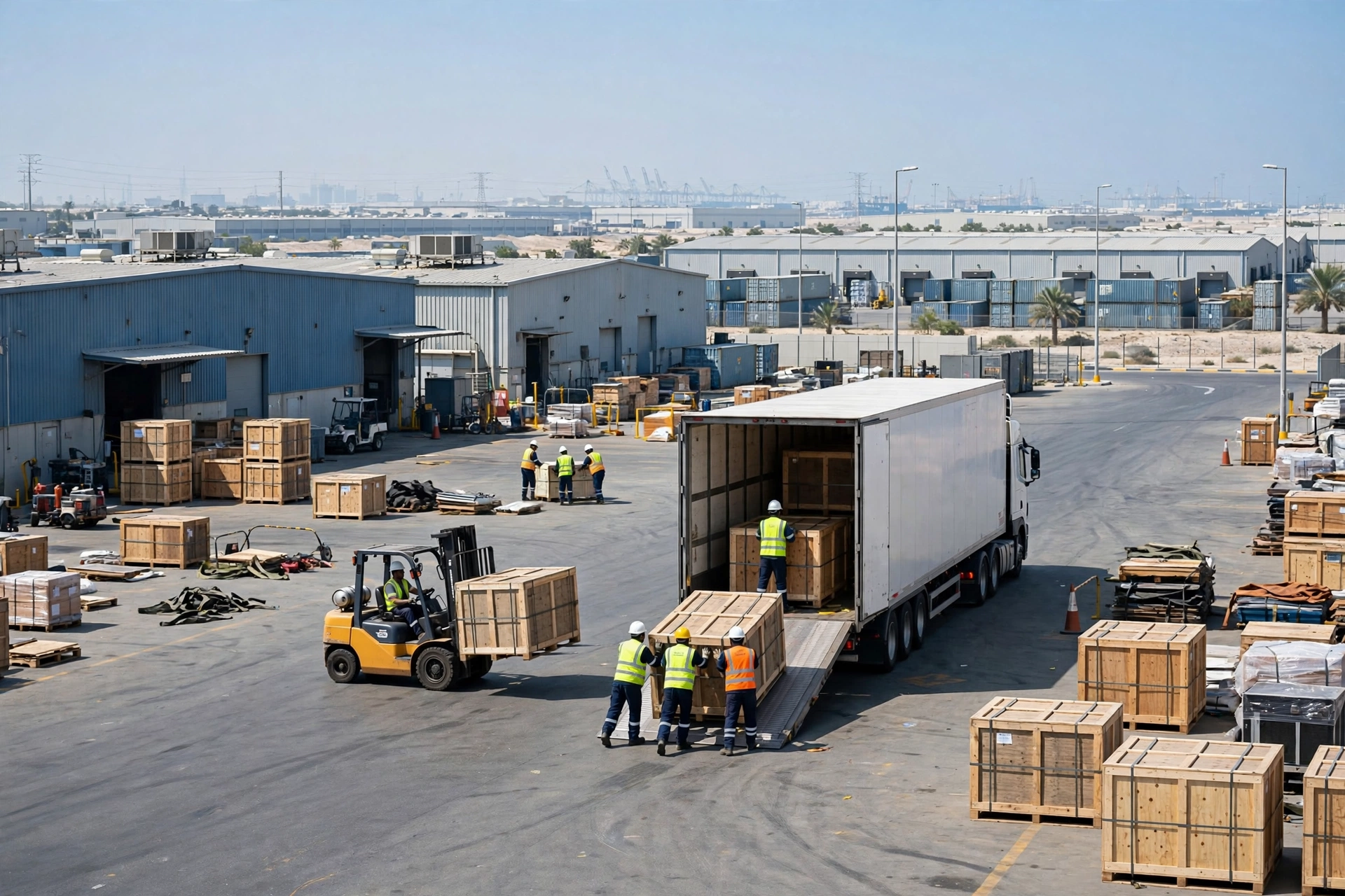 Movers loading a plain white truck outside a warehouse unit in Jebel Ali Industrial, Dubai