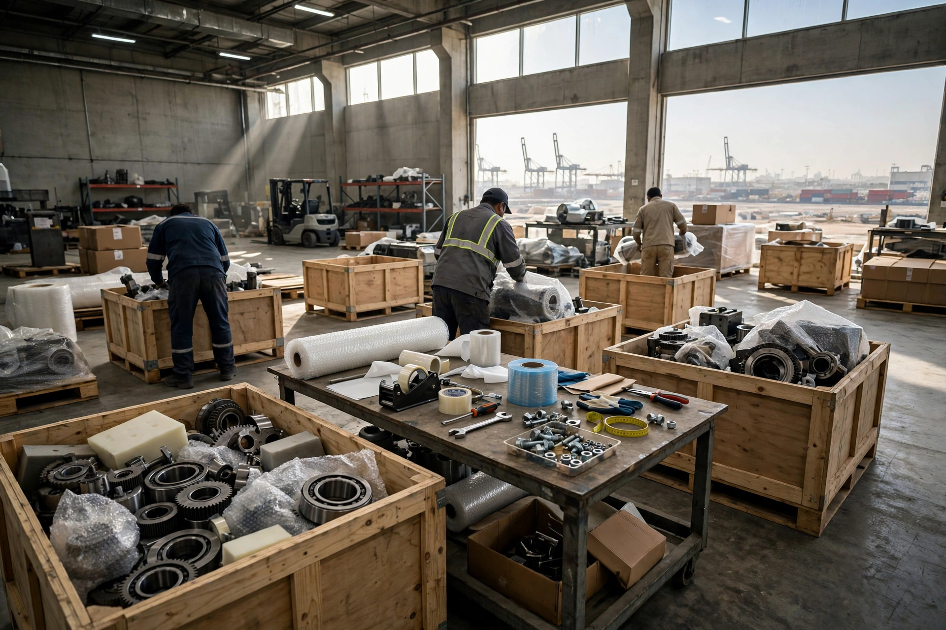 Movers carrying a wrapped workbench on a trolley in Jebel Ali Industrial, Dubai