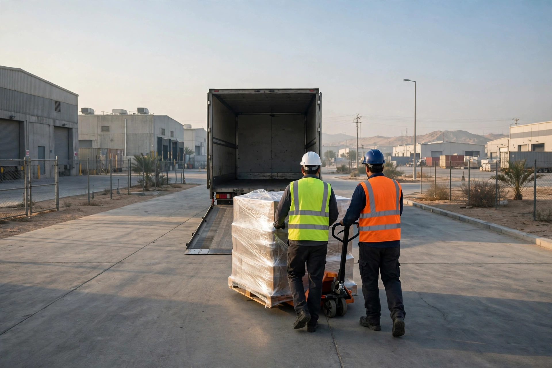 Packed and labelled boxes ready in a bright office in Jebel Ali Industrial, Dubai