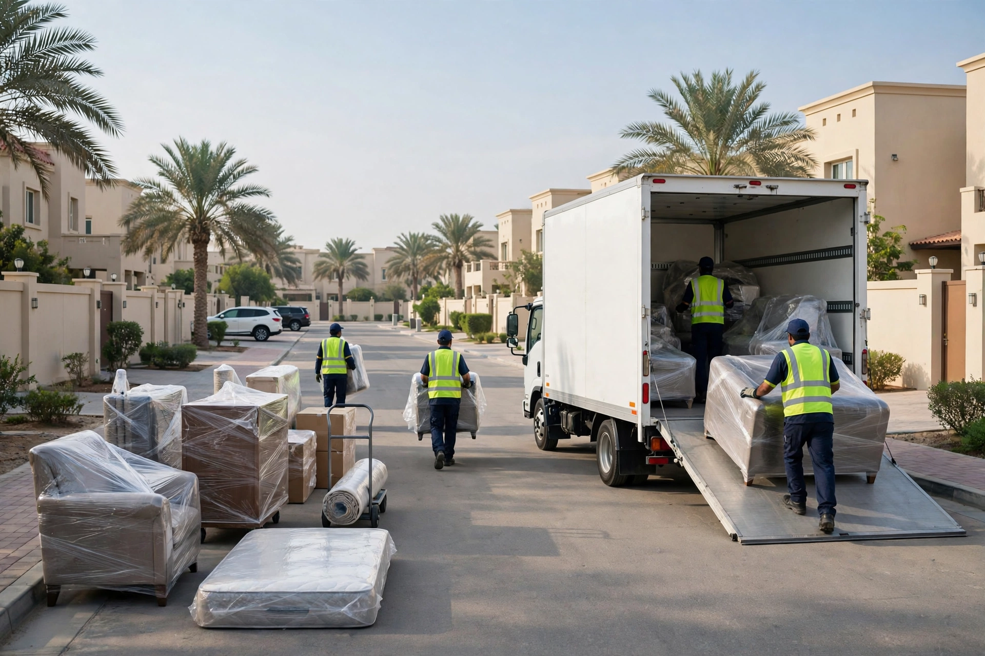 Movers loading a plain white truck outside a villa in Jebel Ali Village, Dubai