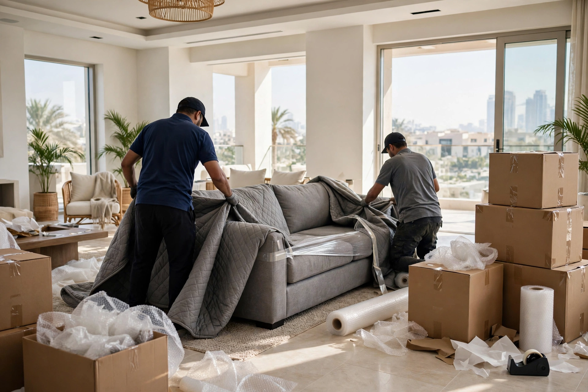 Movers carrying a wrapped sofa through a villa gate in Jebel Ali Village, Dubai