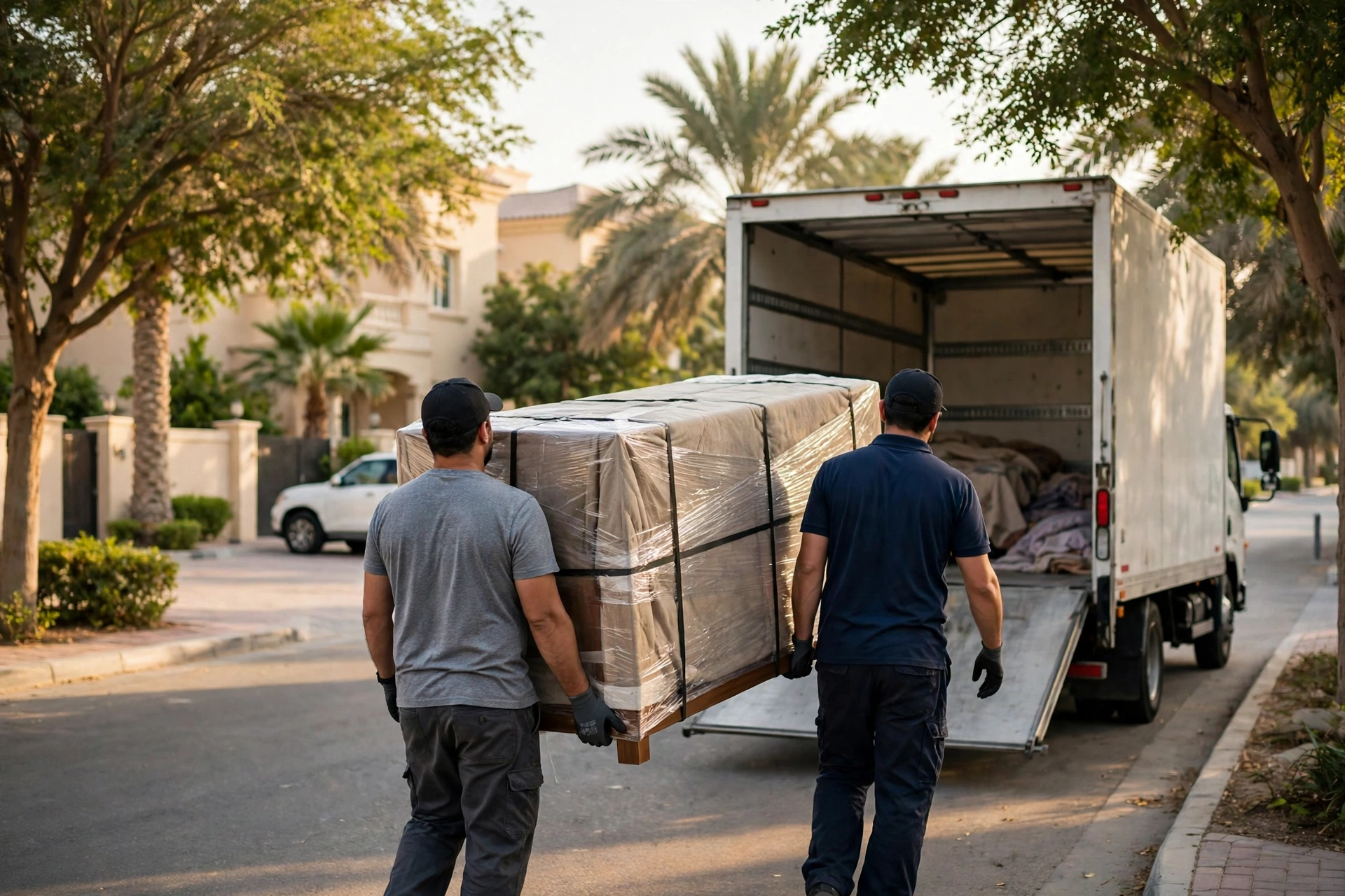 Packed and labelled boxes ready in a Jebel Ali Village villa living room