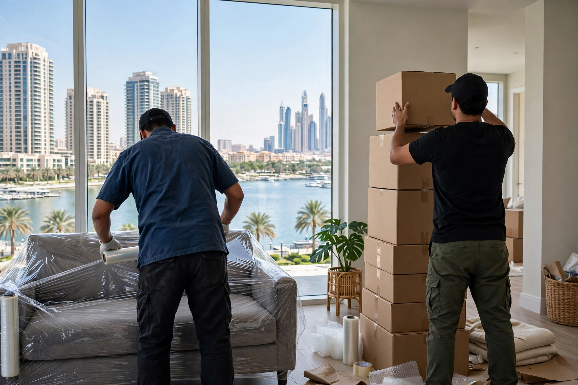 Movers packing furniture inside a JLT apartment
