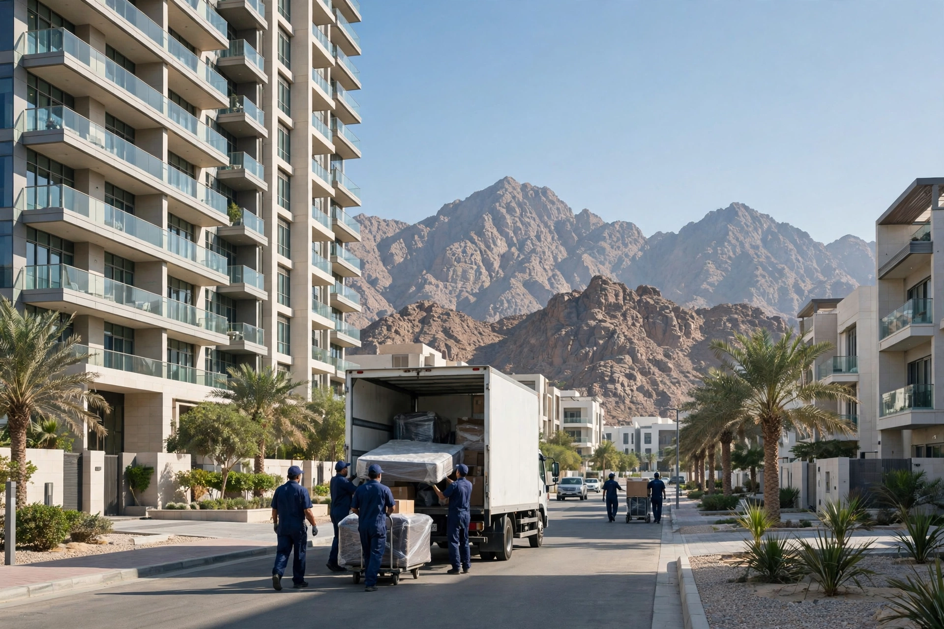 Movers loading a plain white truck below the twin towers in Julphar, Ras Al Khaimah