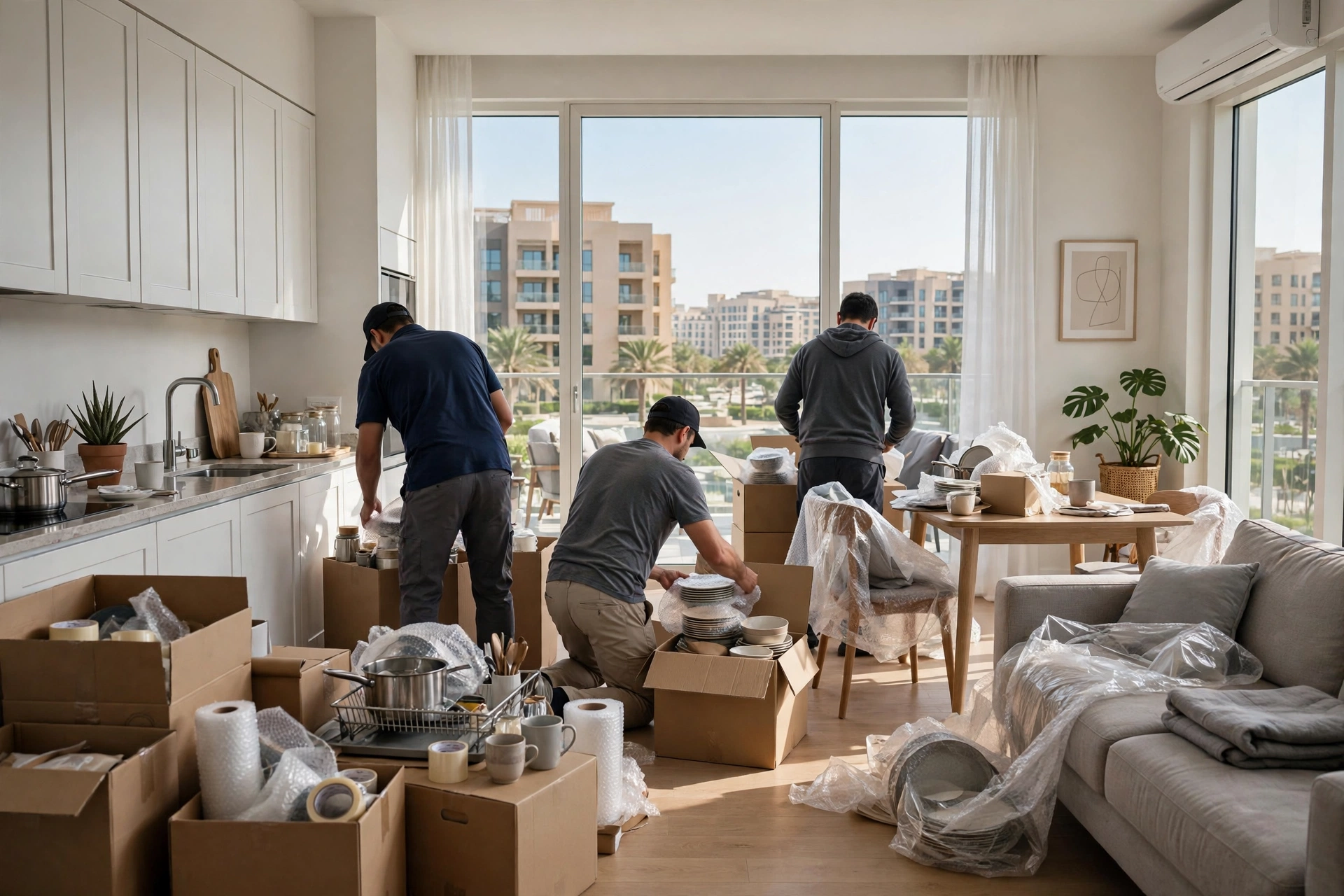 Packed and labelled boxes ready in a Jumeirah Village Circle apartment living room