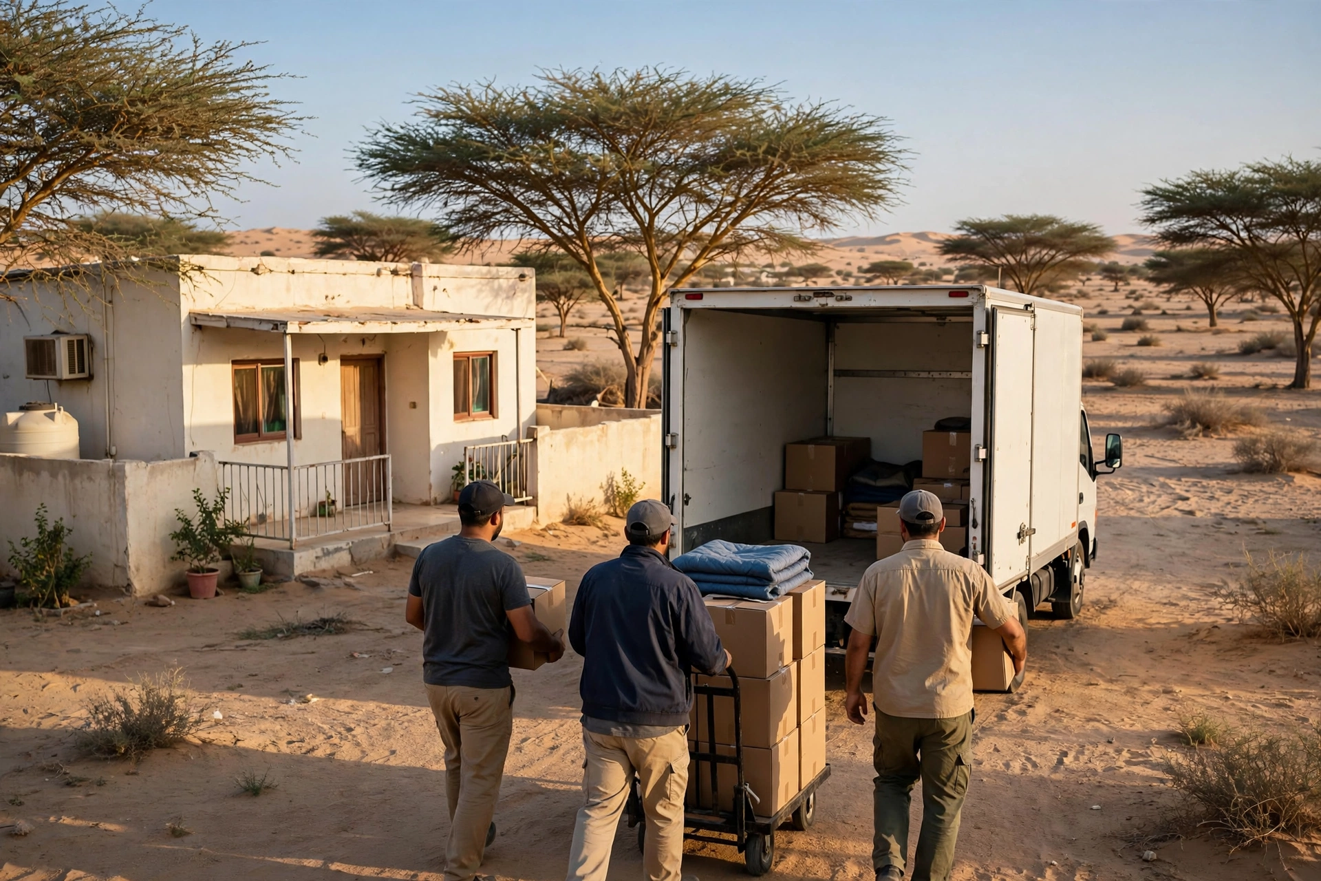Movers loading a plain white truck outside a home in Kaber, Umm Al Quwain